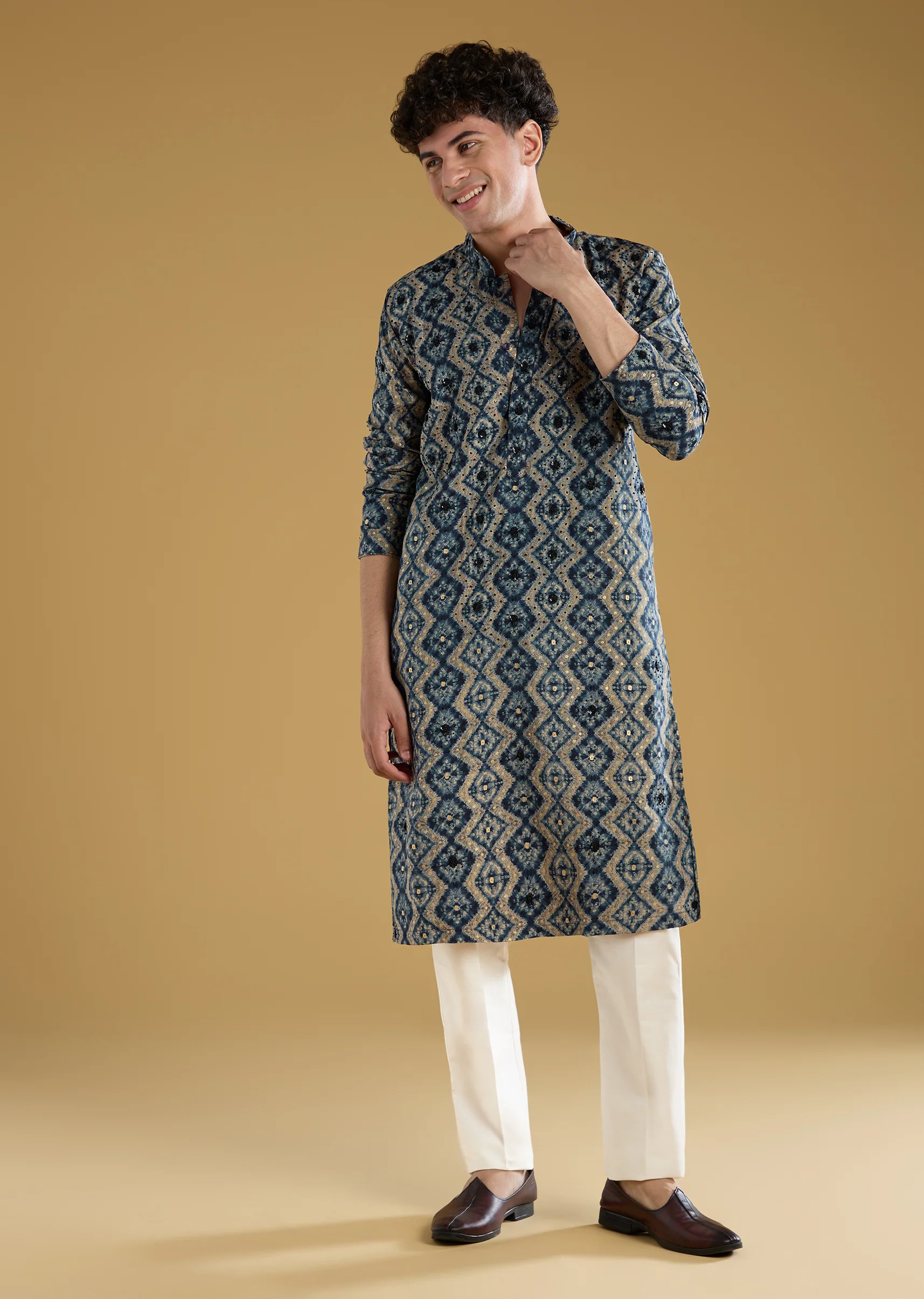 Navy Blue Modal Chanderi Sequin Embroidered Kurta Set - Image 3