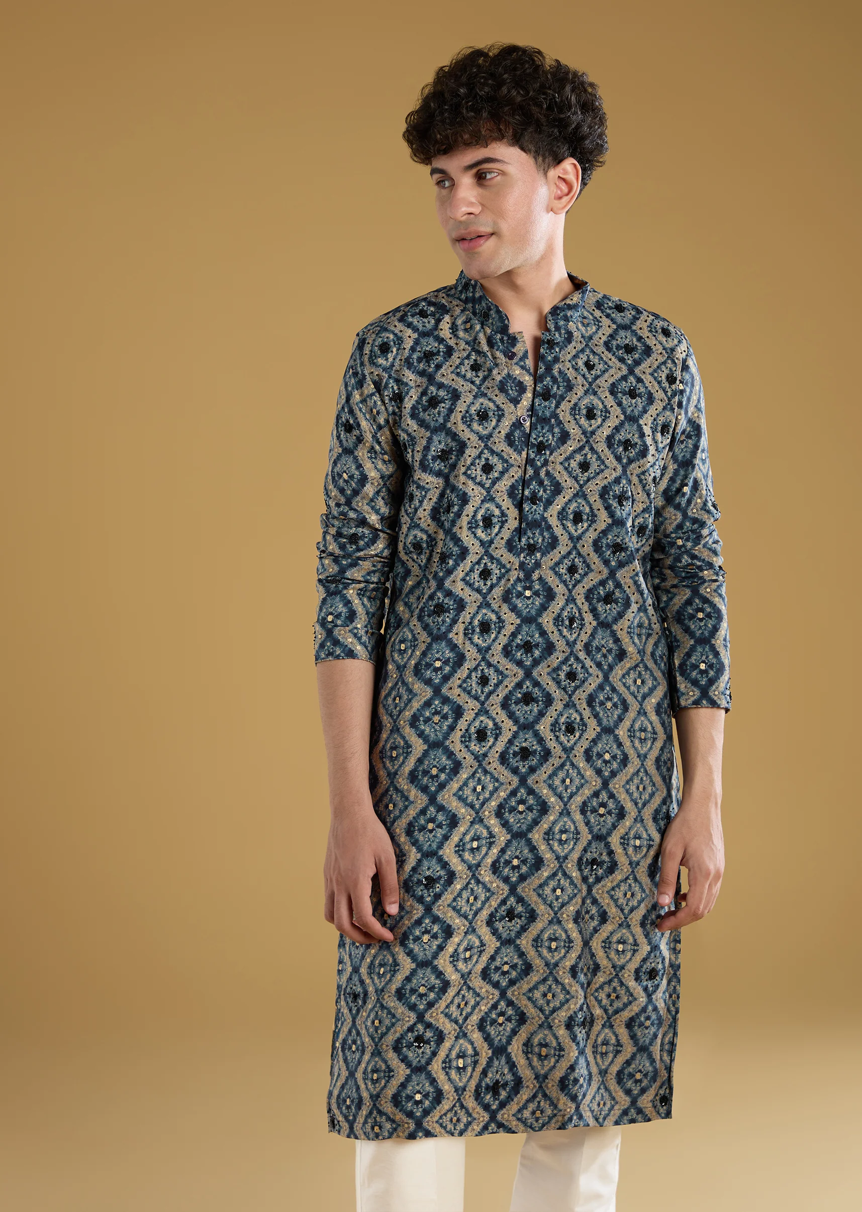 Navy Blue Modal Chanderi Sequin Embroidered Kurta Set - Image 4
