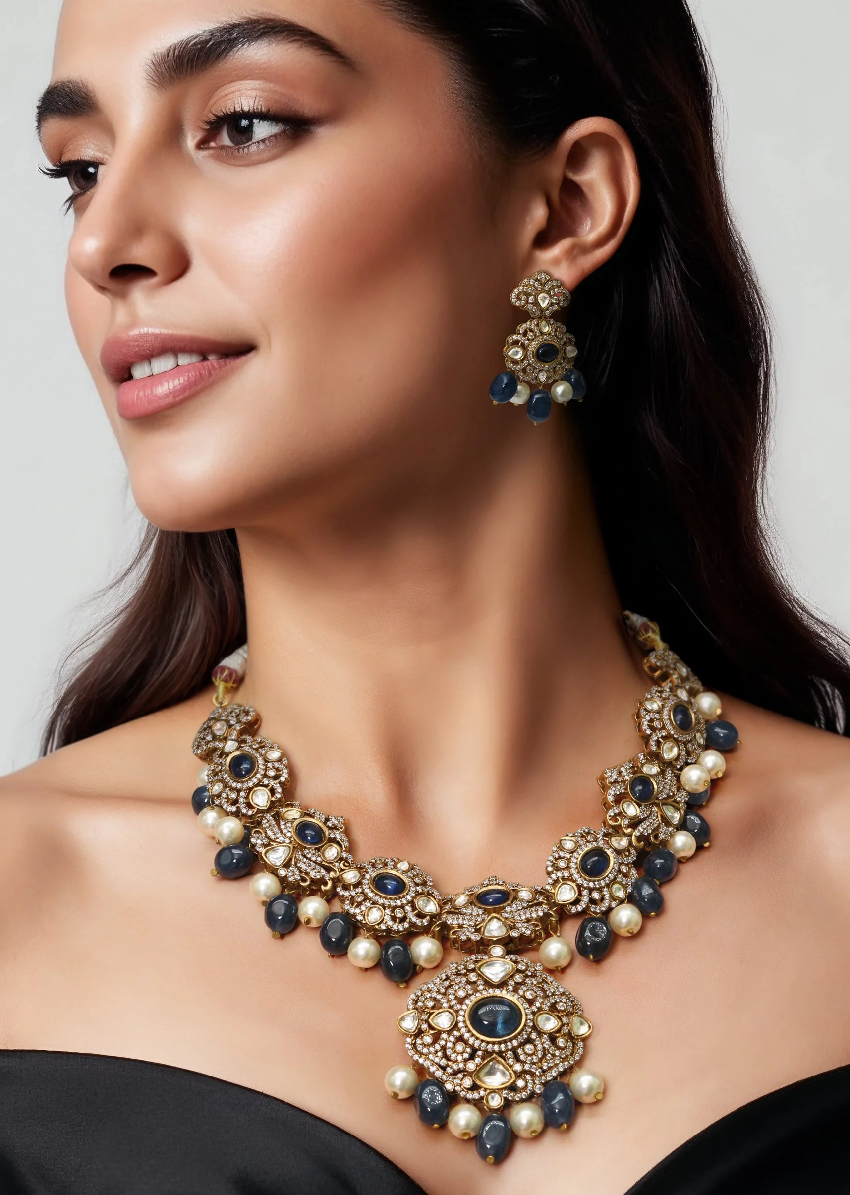 Navy Blue Modern Polki Pendant Necklace Set