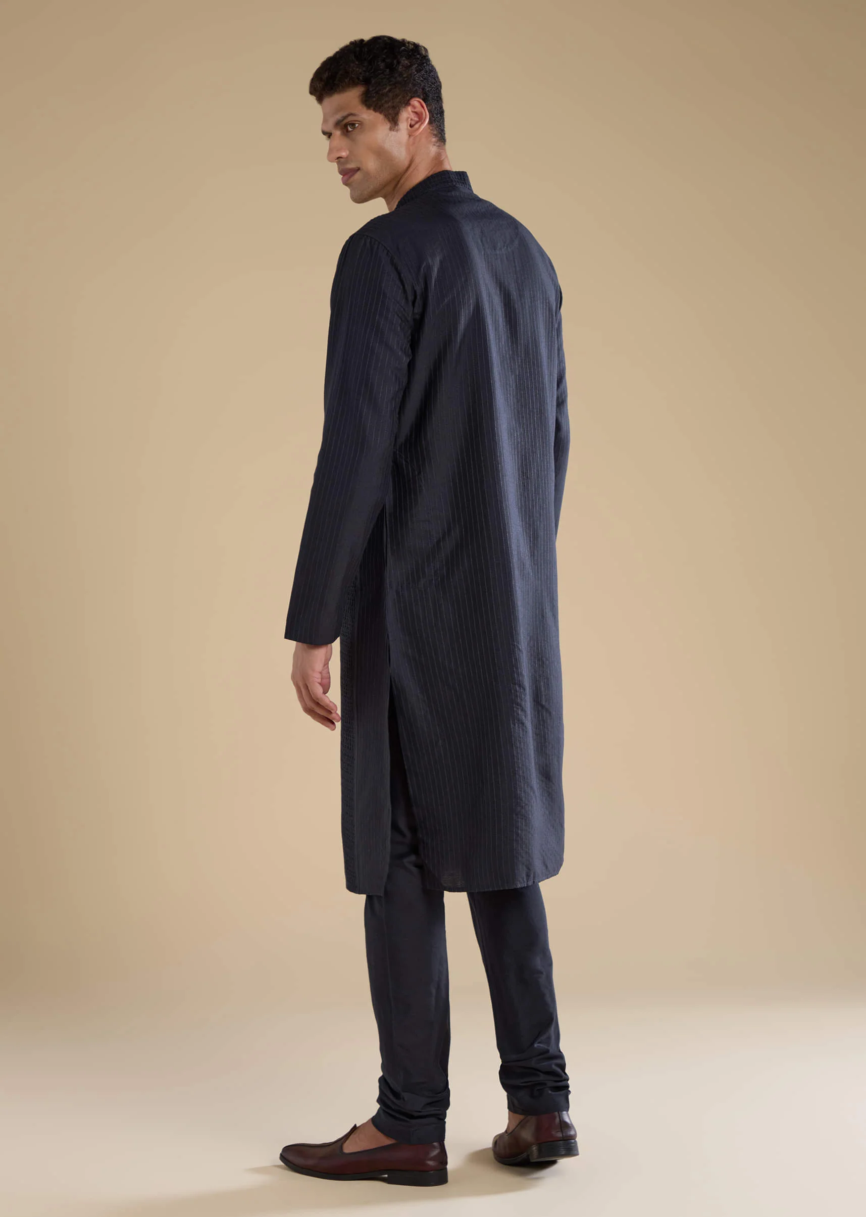 Navy Blue Pintuck Mens Kurta Set - Image 5