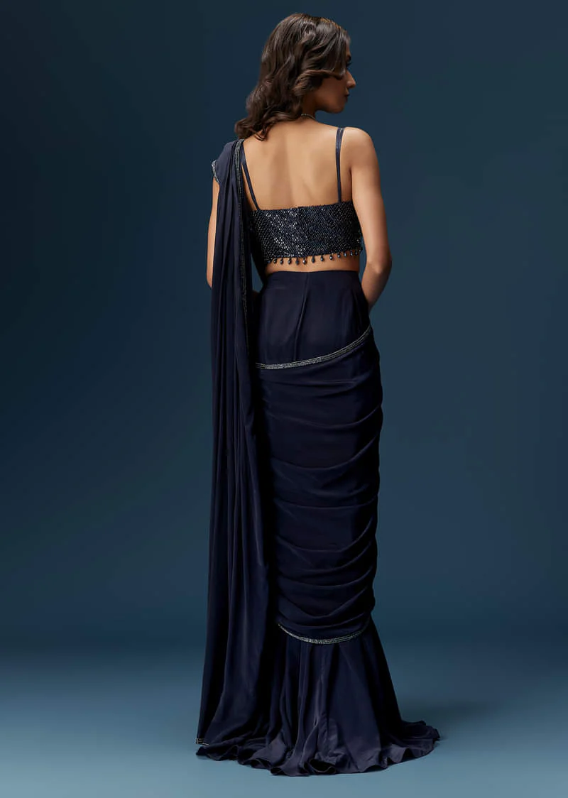 Navy Blue Pre Draped Saree With Embroidered Blouse - Image 2