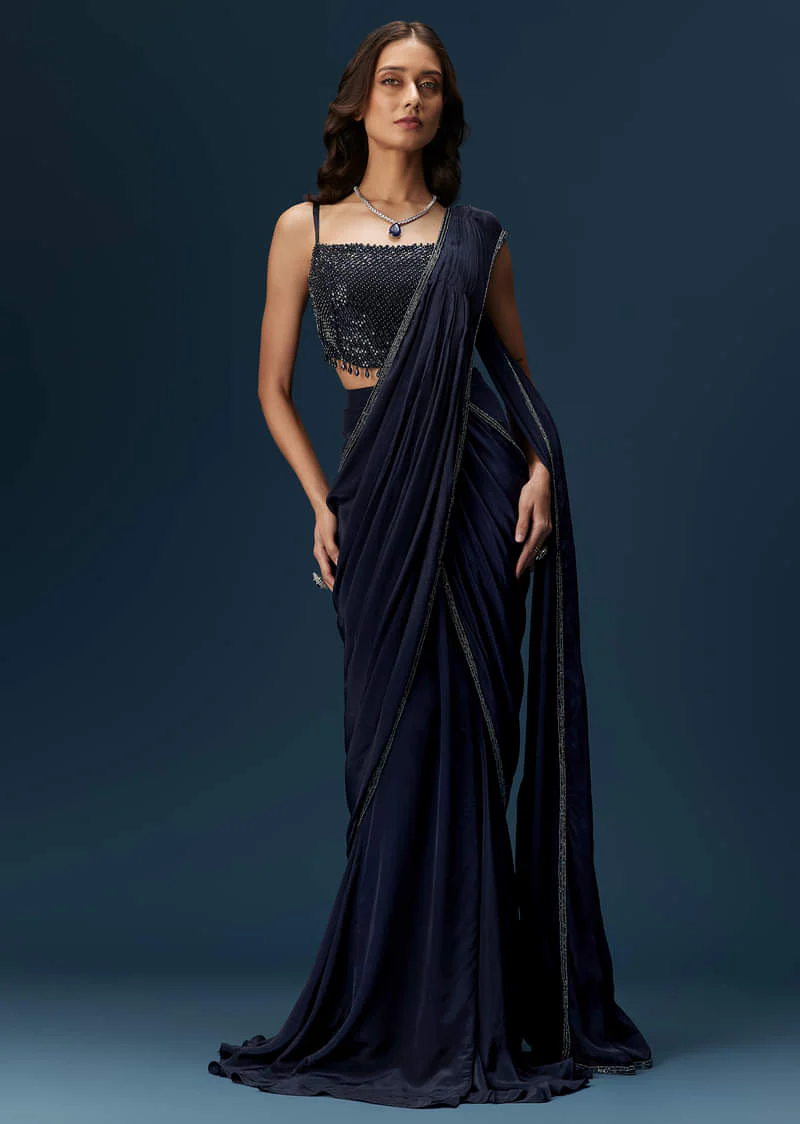 Navy Blue Pre Draped Saree With Embroidered Blouse - Image 5