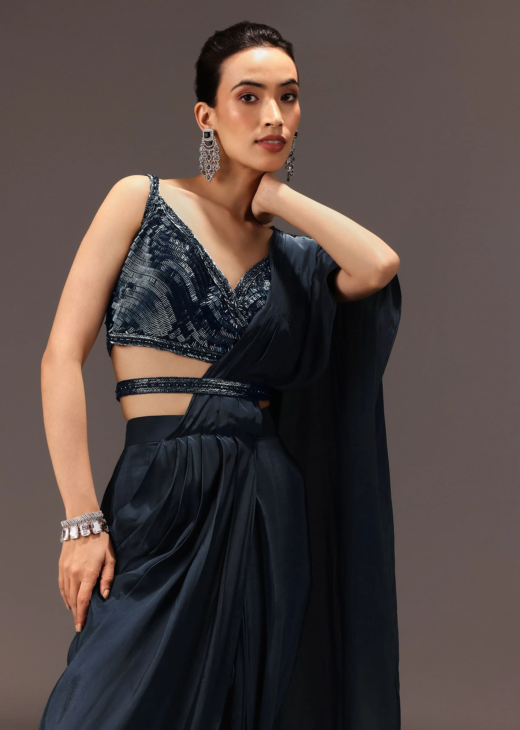 Navy Blue Pre Draped Saree With Sequin Blouse And Belt - Image 2