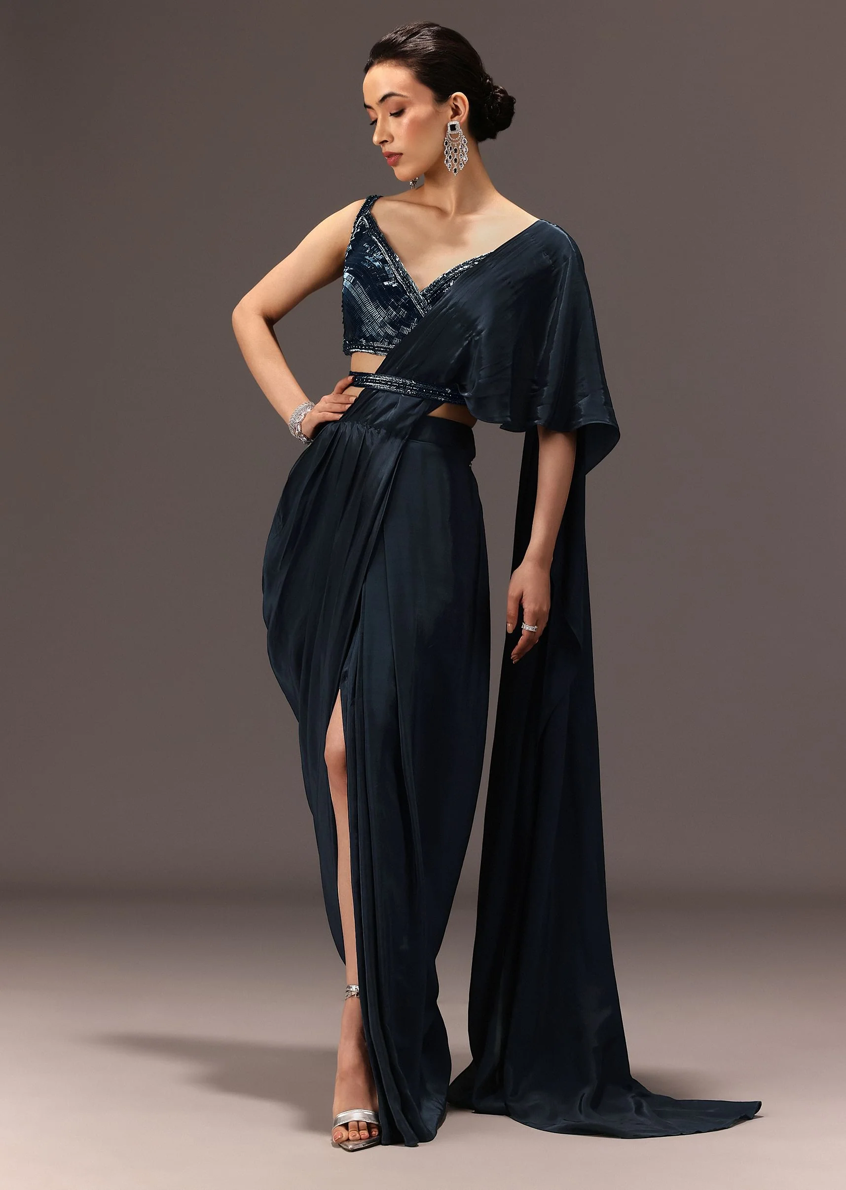 Navy Blue Pre Draped Saree With Sequin Blouse And Belt - Image 3