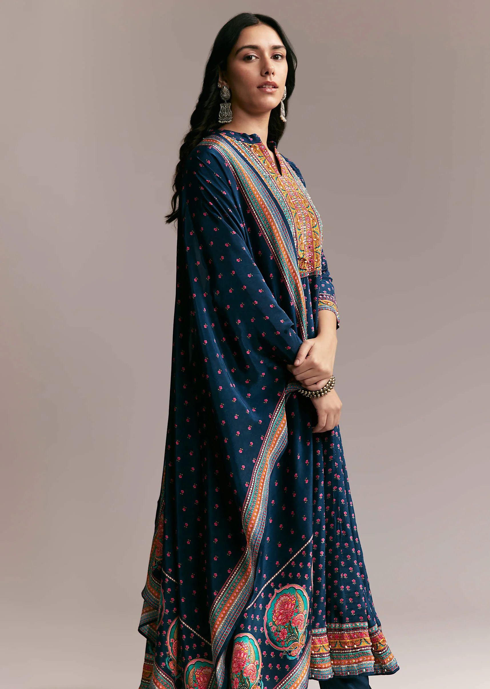 Navy Blue Printed Anarkali Set - Image 4