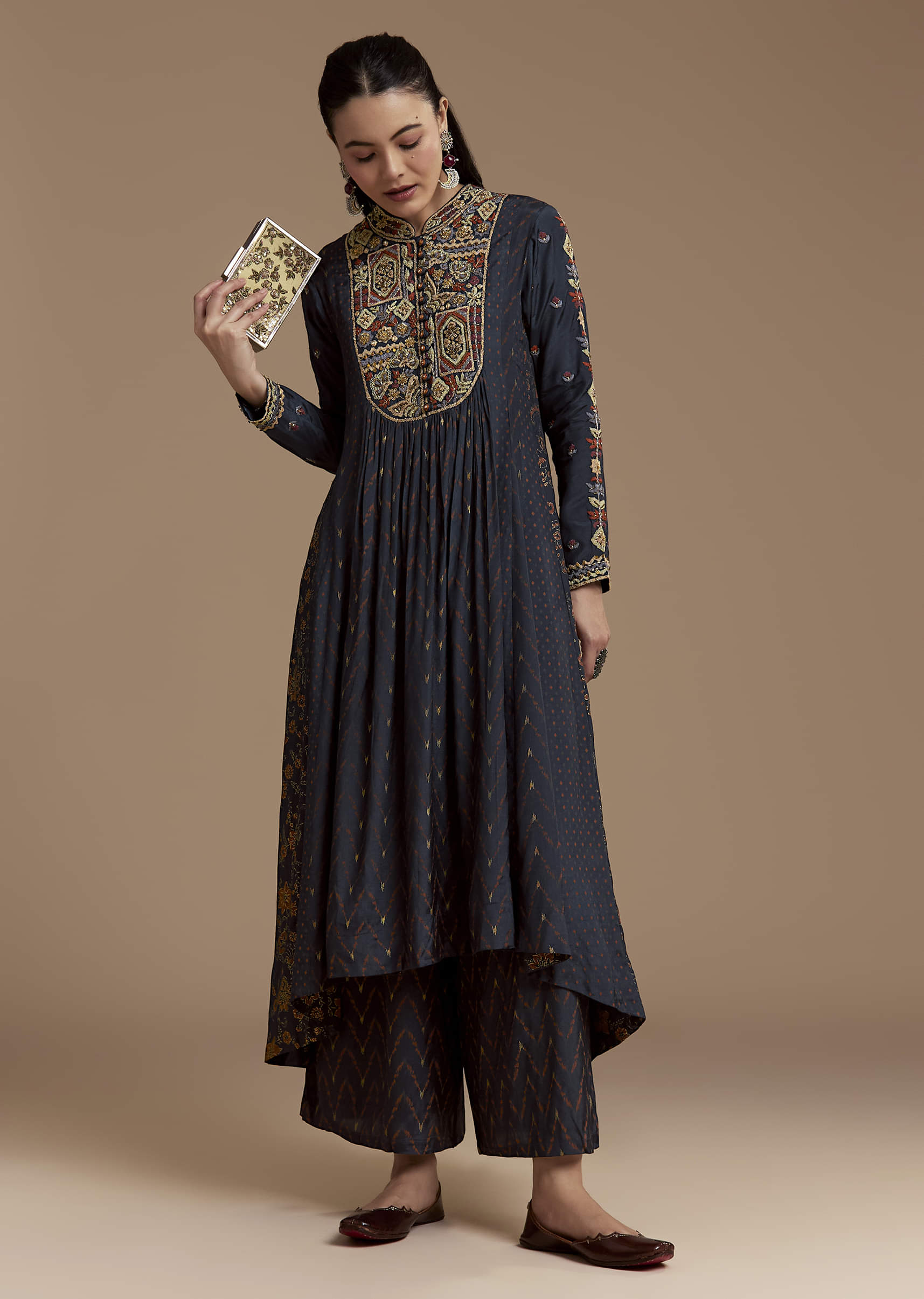 Navy Blue Printed Cotton Kurta and Palazzo Set - Image 3