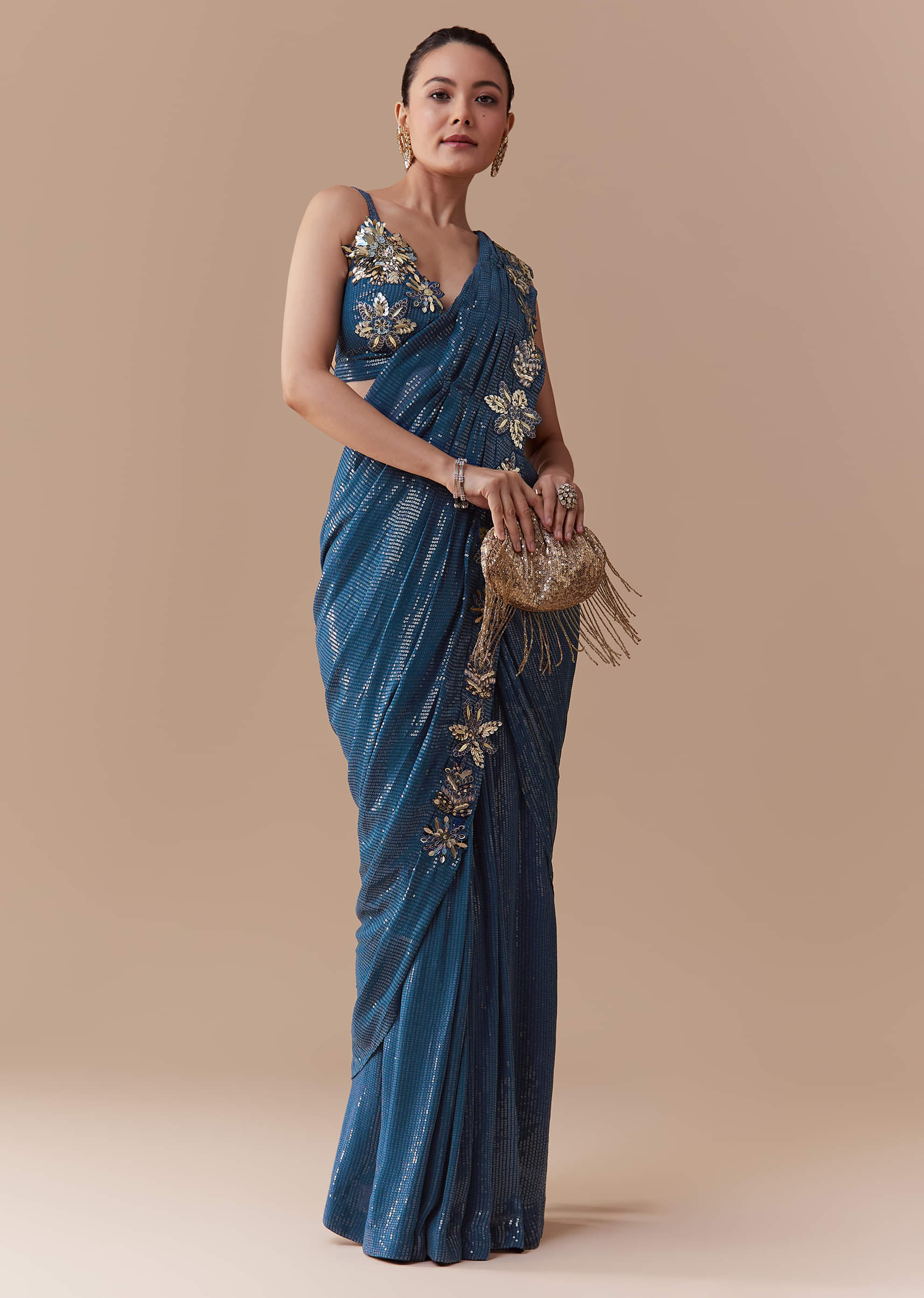 Navy Blue Ready Pleated Georgette Saree with Sequins Blouse - Image 3