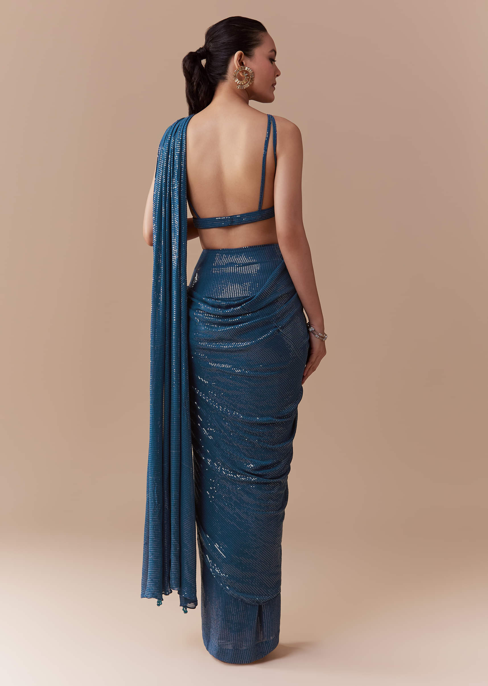 Navy Blue Ready Pleated Georgette Saree with Sequins Blouse - Image 5