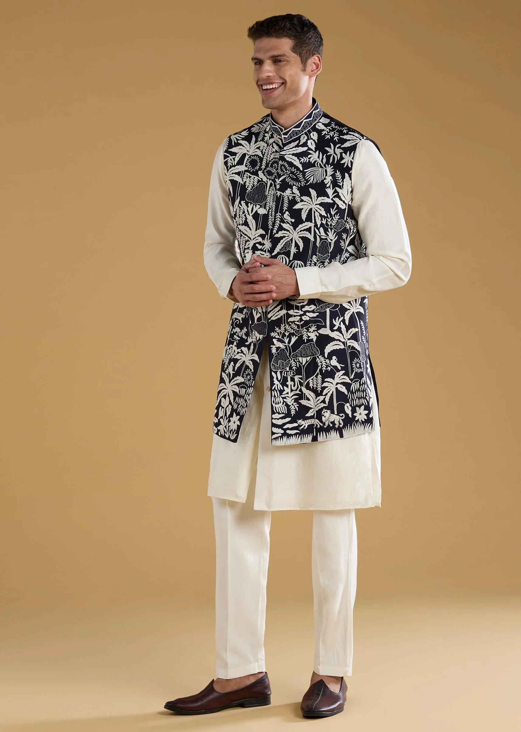 Navy Blue Resham Embroidered Jacket and Kurta Set - Image 3