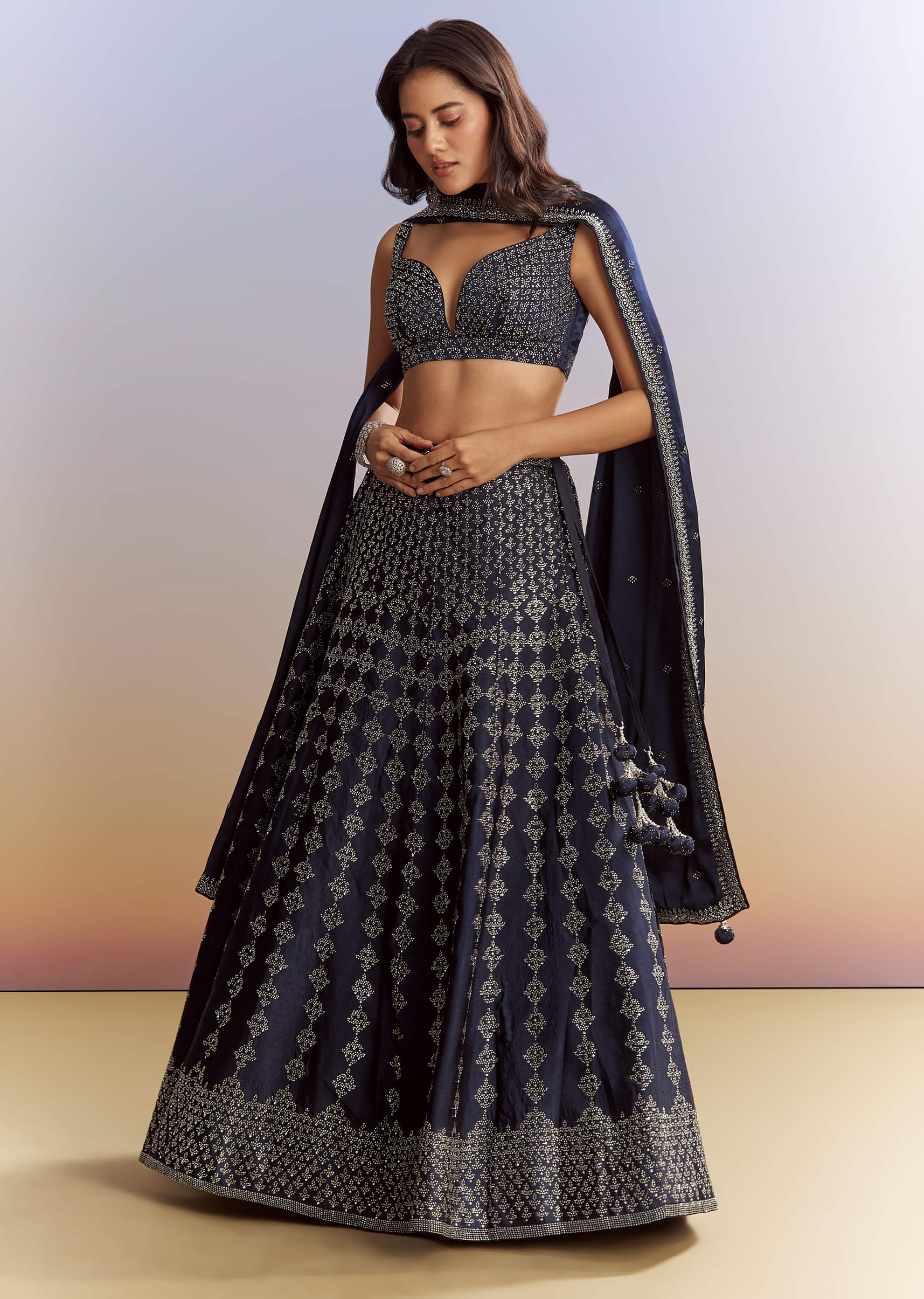 Navy Blue Satin Bridesmaid Lehenga With Stone Work - Image 5