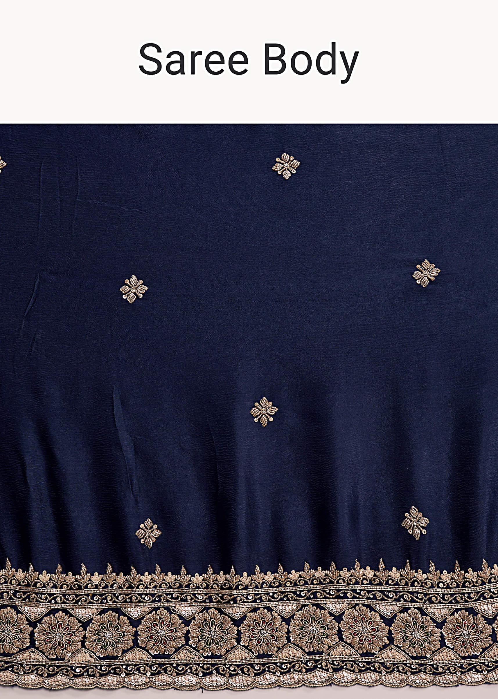 Navy Blue Satin Chinon Saree With Heavy Hand Embroidery - Image 9