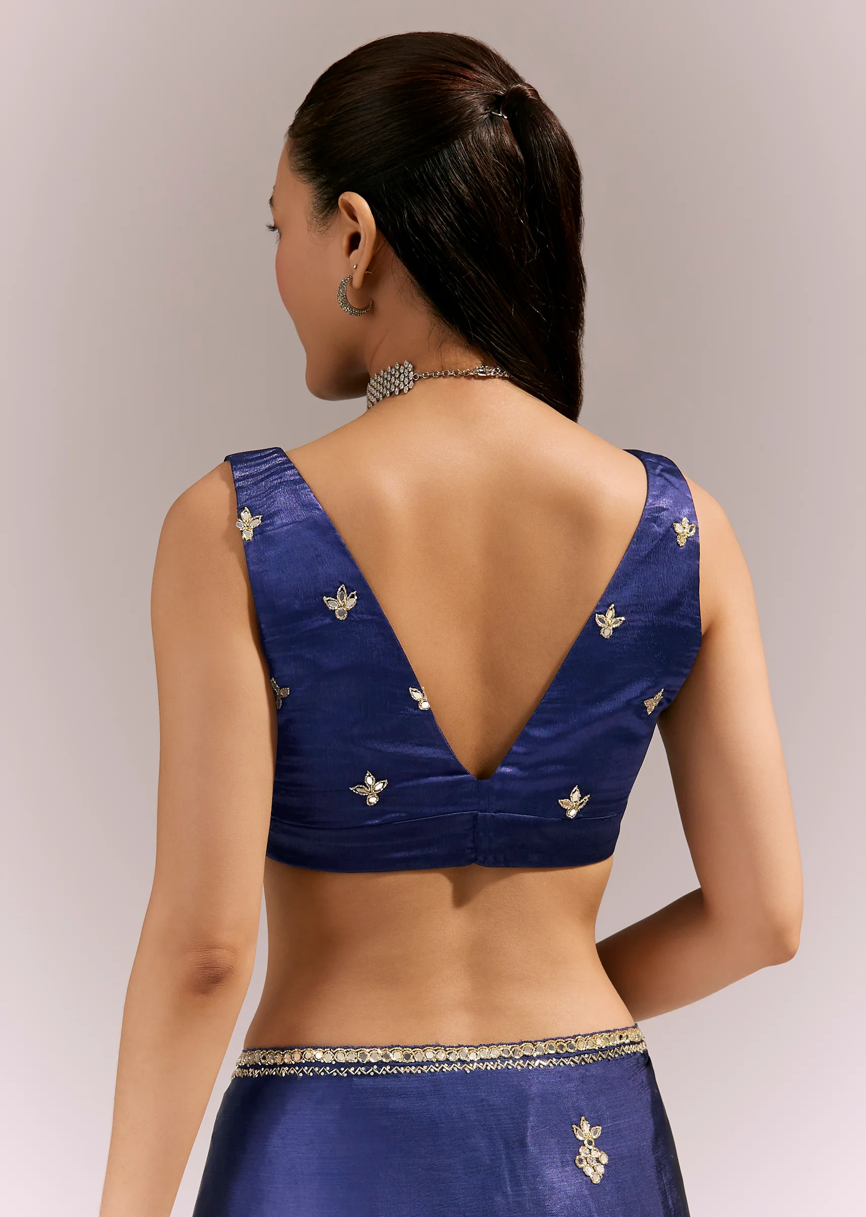Navy Blue Satin Chinon Saree With Mirror And Bead Embroidered Border - Image 8