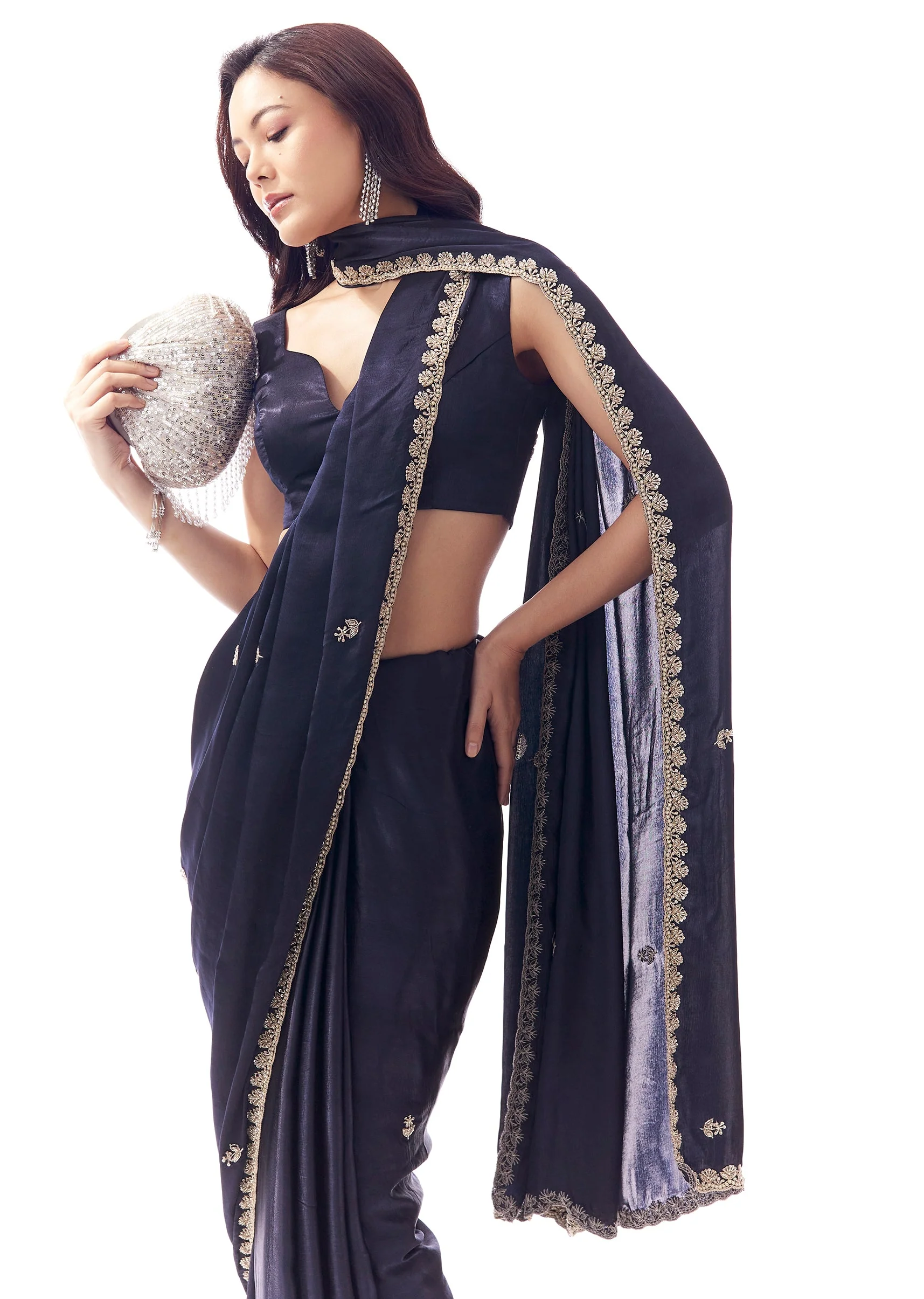 Navy Blue Satin Chinon Saree With Scalloped Moti Embroidered Border And Buttis - Image 5