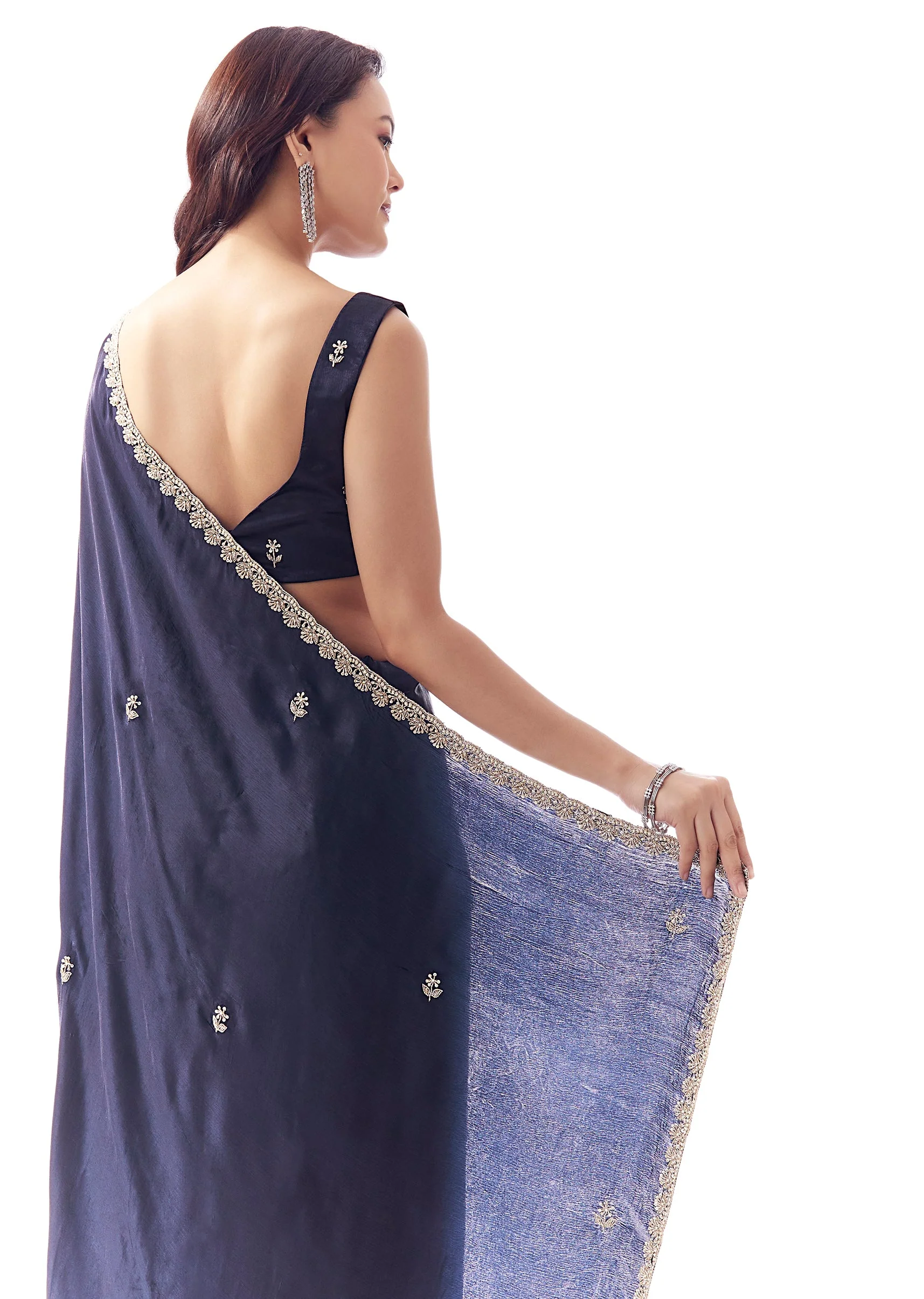 Navy Blue Satin Chinon Saree With Scalloped Moti Embroidered Border And Buttis - Image 6