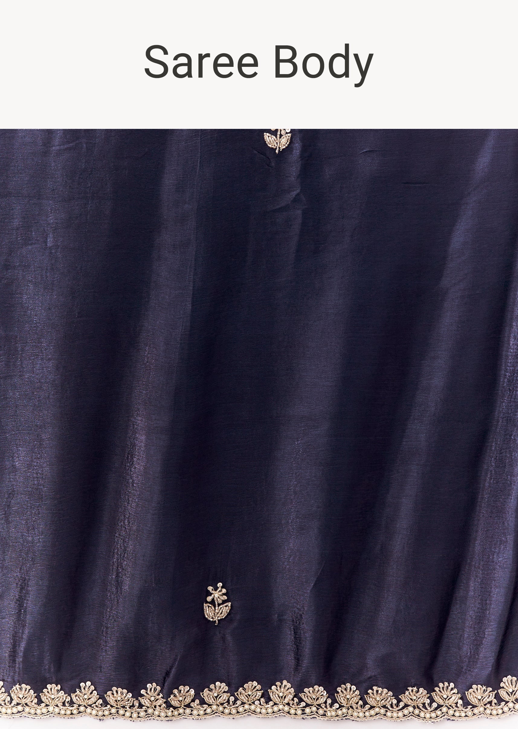 Navy Blue Satin Chinon Saree With Scalloped Moti Embroidered Border And Buttis - Image 9