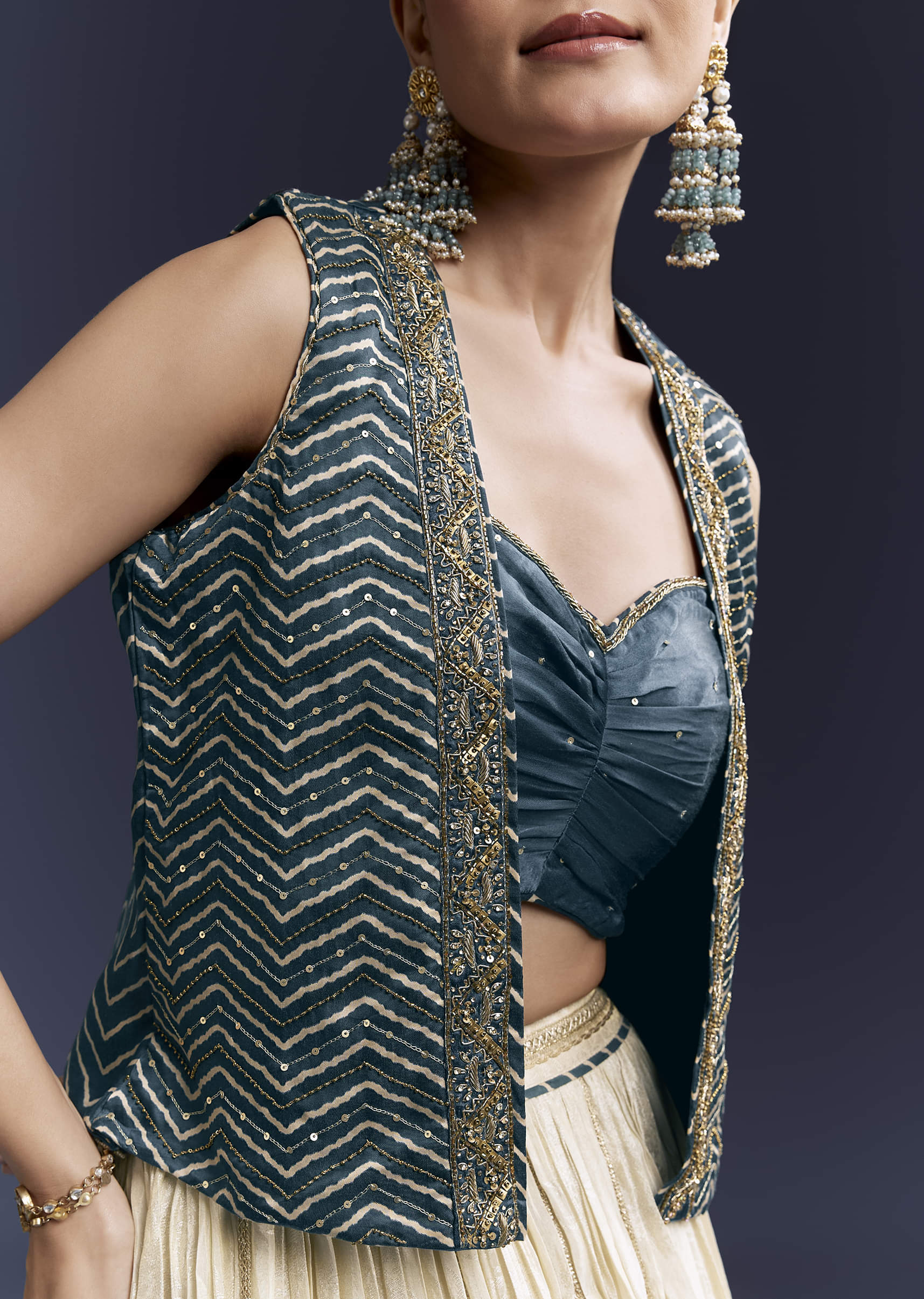 Navy Blue Satin Festive Lehenga With Hand Dyed Chevron Print Jacket - Image 3