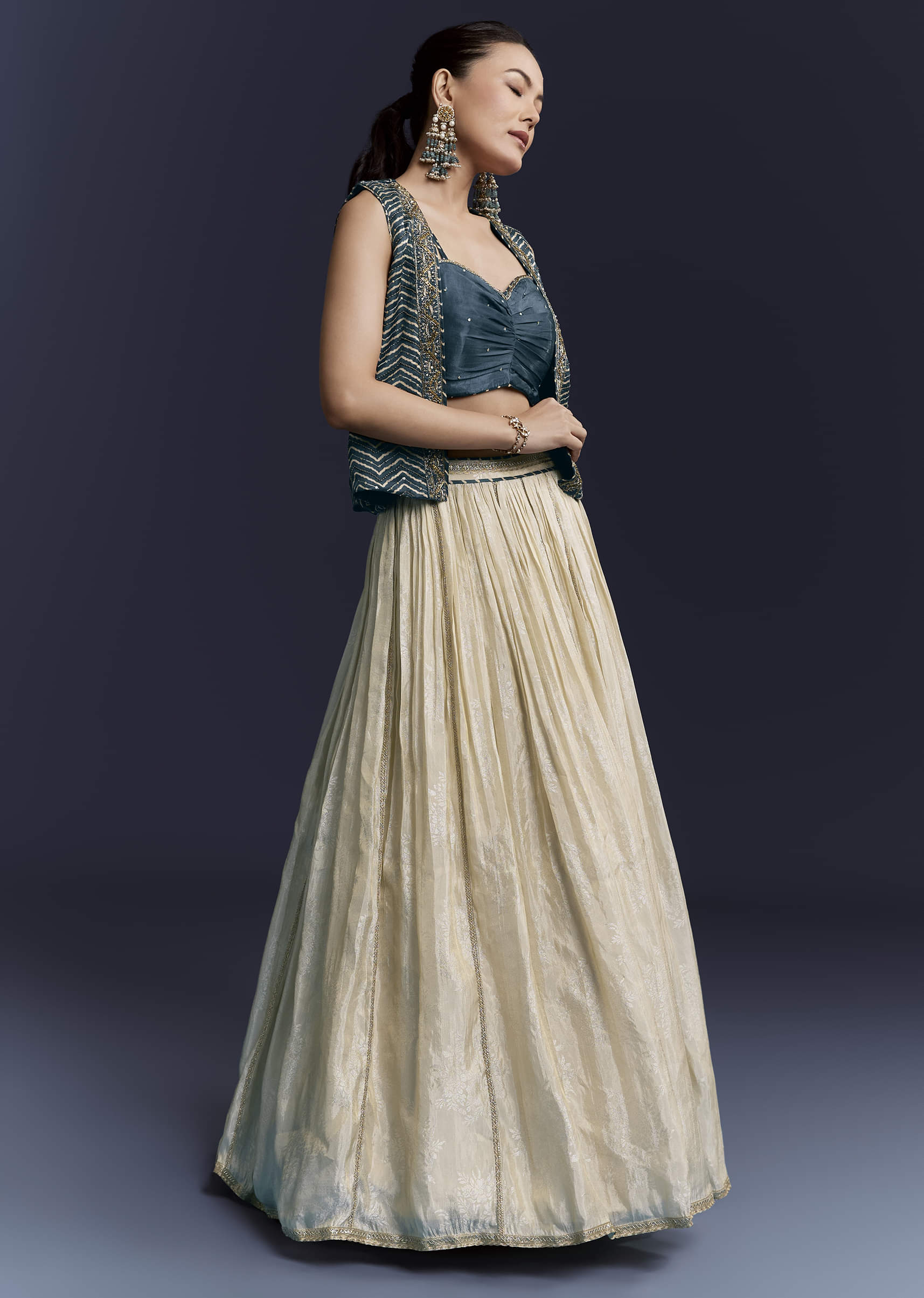 Navy Blue Satin Festive Lehenga With Hand Dyed Chevron Print Jacket - Image 4