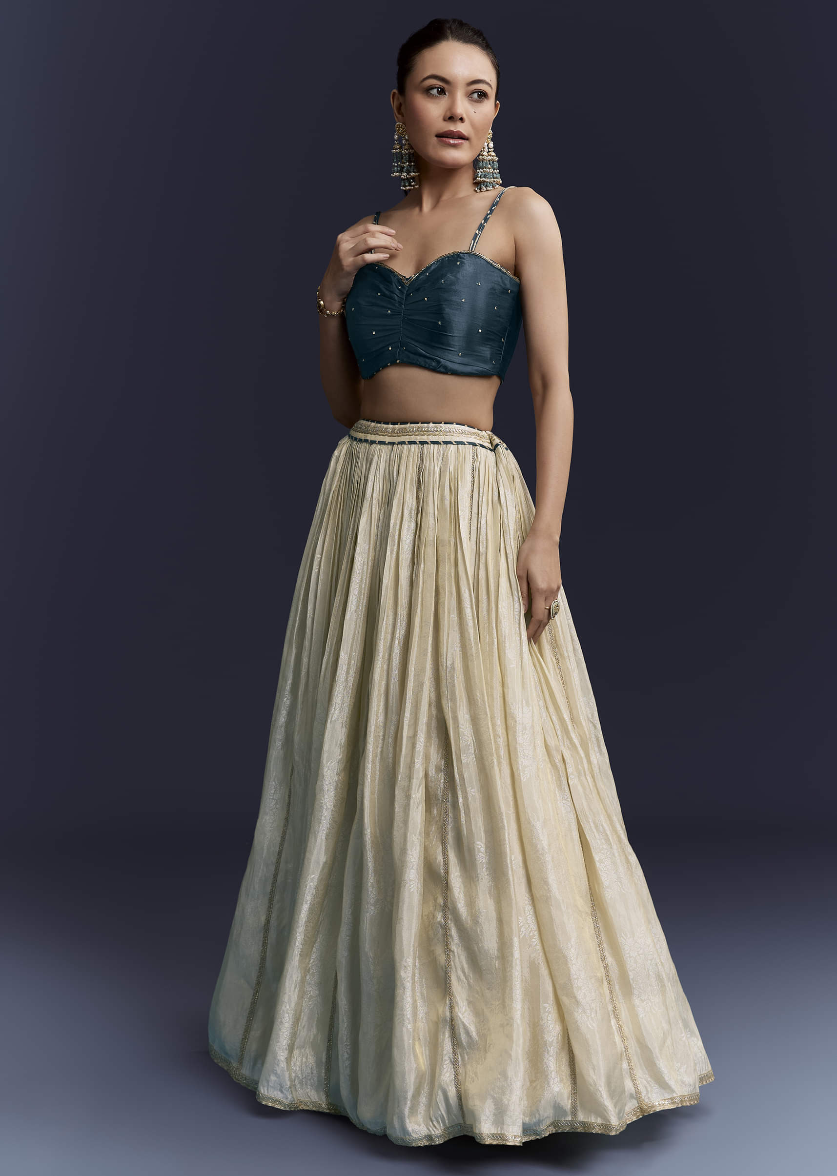 Navy Blue Satin Festive Lehenga With Hand Dyed Chevron Print Jacket - Image 6