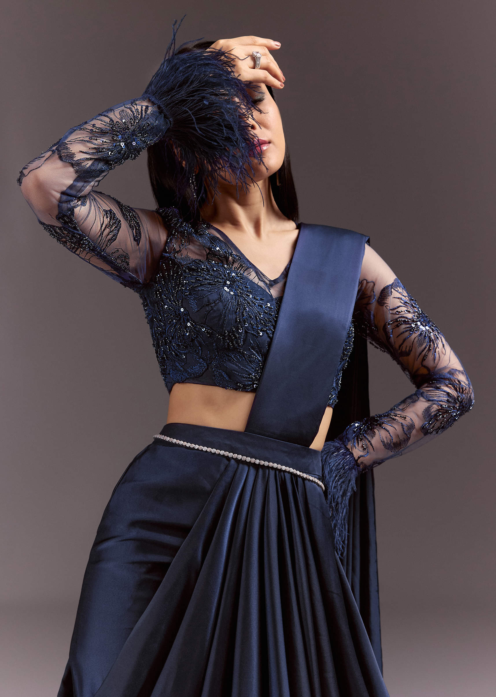 Navy Blue Satin Pleated Saree With Full Sleeve V Neck Blouse - Image 3
