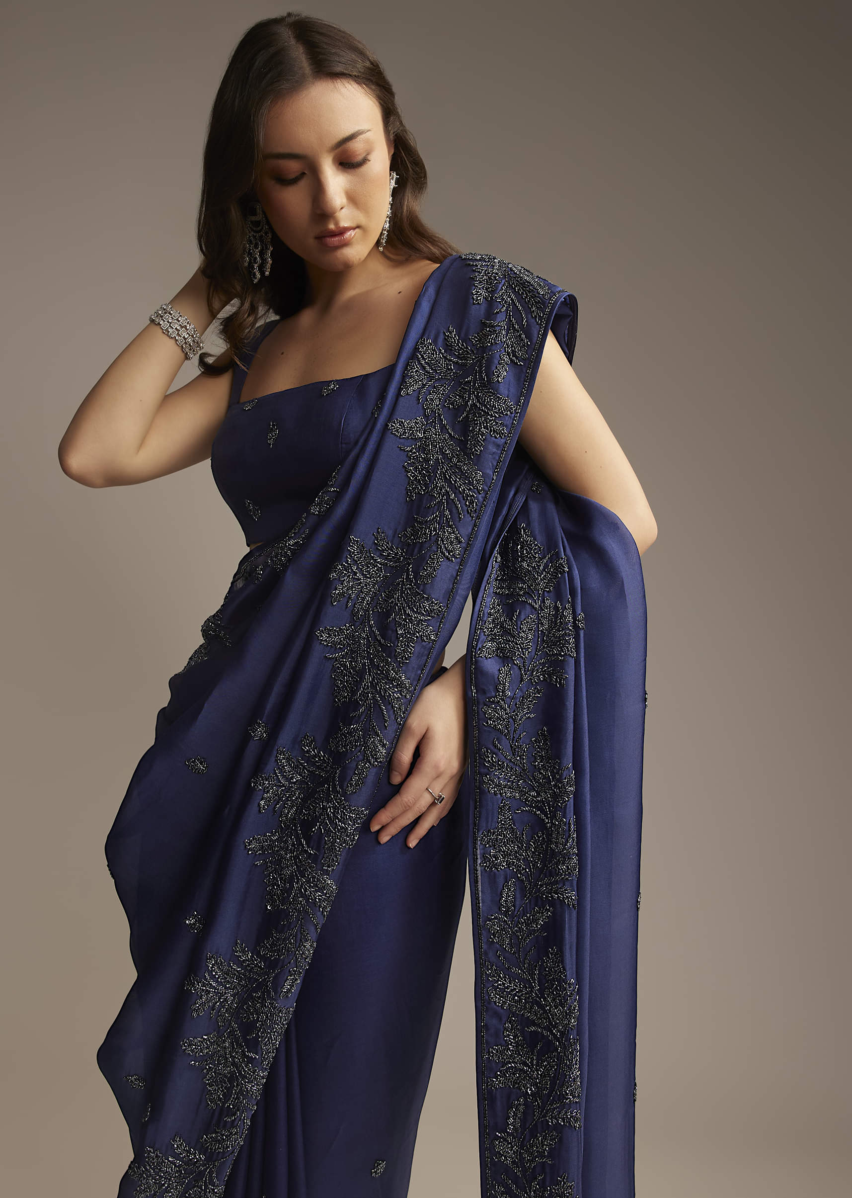 Navy Blue Satin Saree with Cutdana Embroidery - Image 4