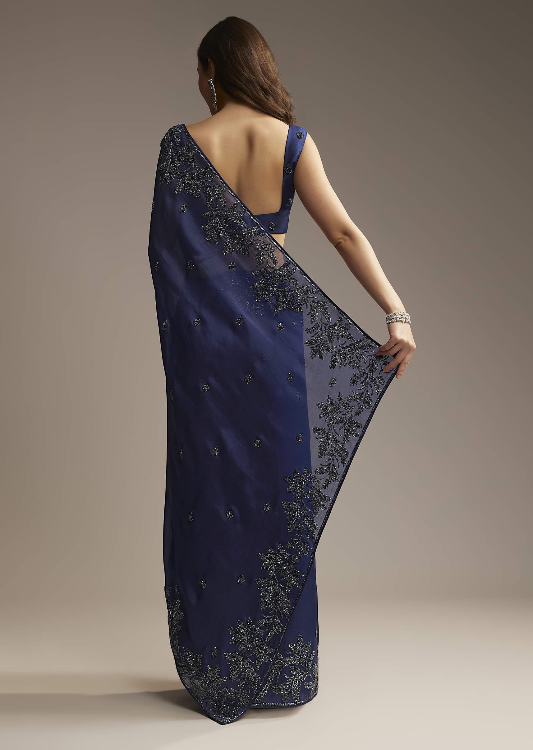 Navy Blue Satin Saree with Cutdana Embroidery - Image 5