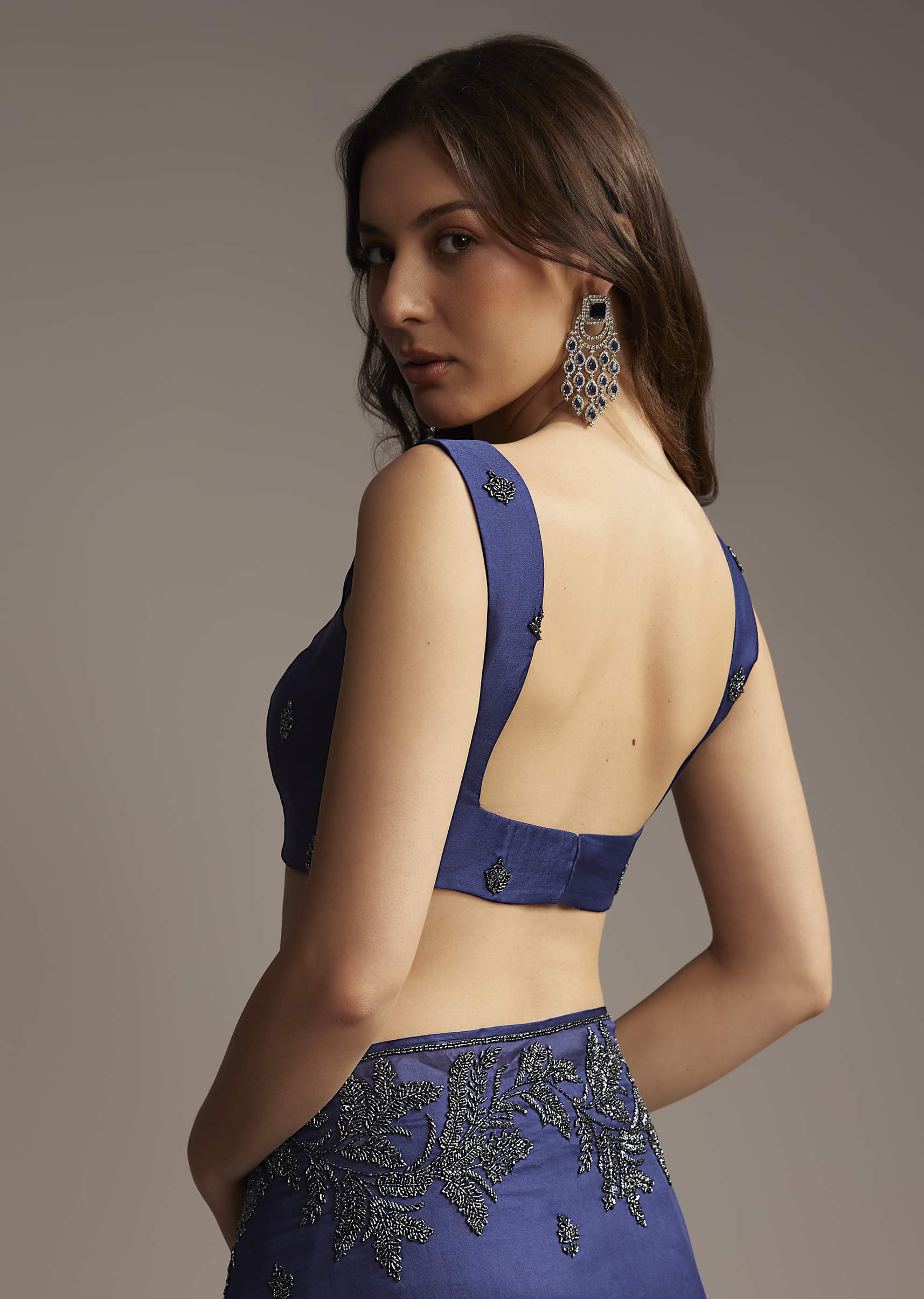 Navy Blue Satin Saree with Cutdana Embroidery - Image 7