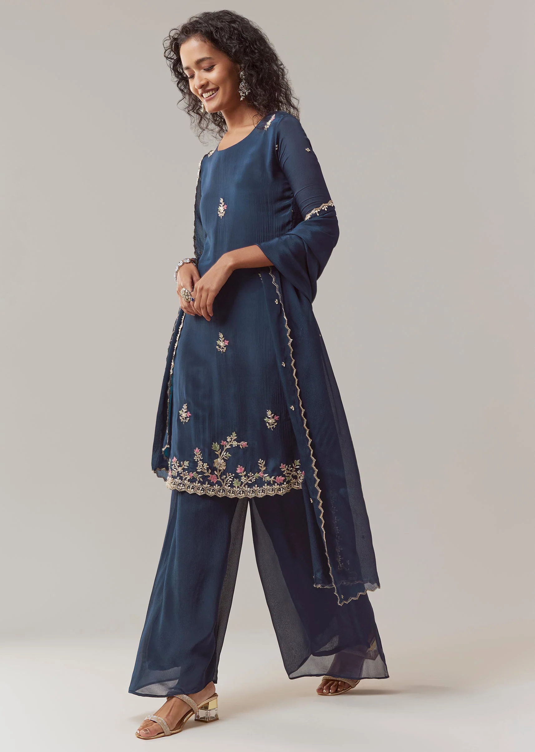 Navy Blue Sequin Work Chinon Kurta Palazzo Set - Image 3