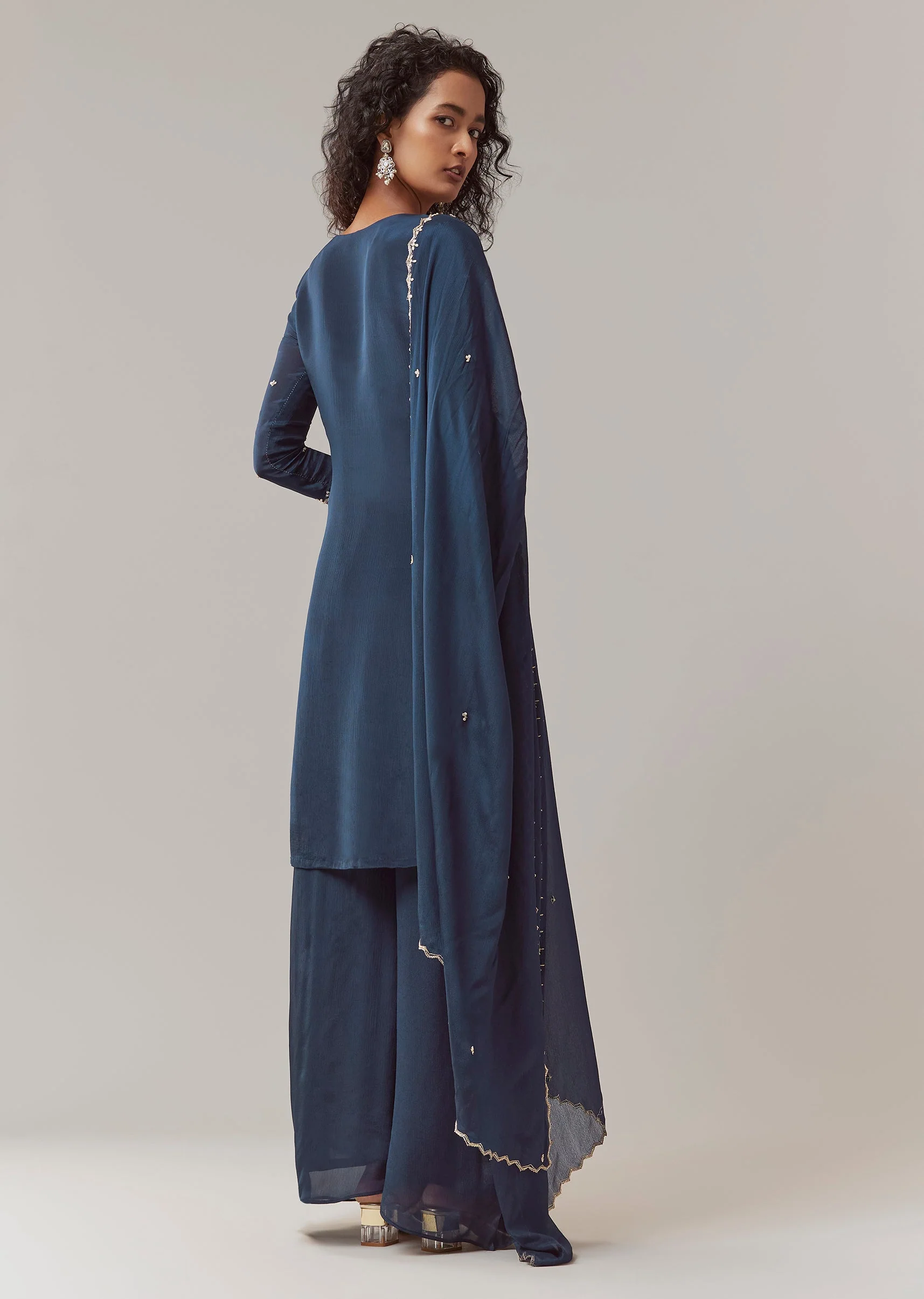 Navy Blue Sequin Work Chinon Kurta Palazzo Set - Image 5