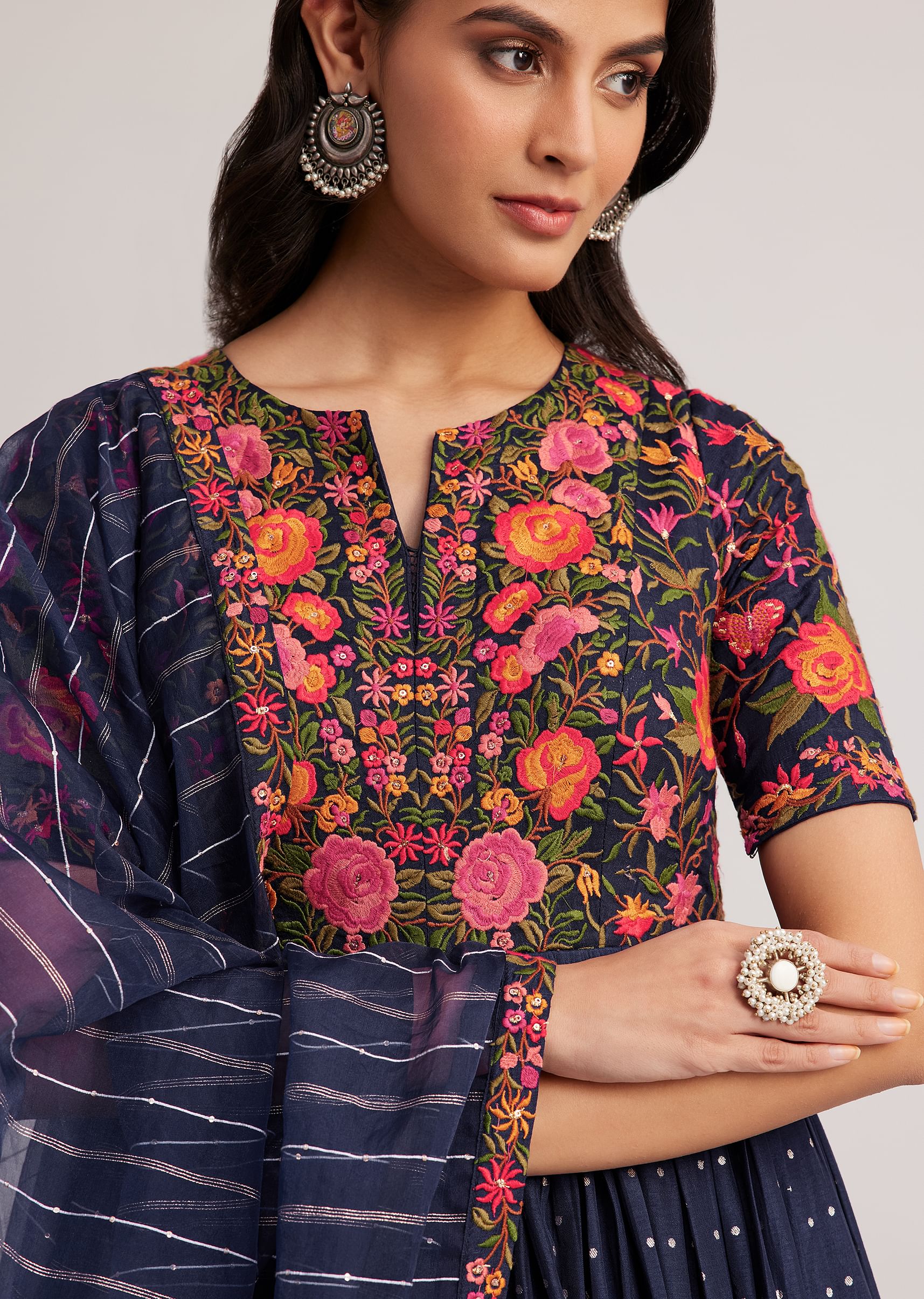 Navy Blue Silk Bandhani Anarkali With Organza Dupatta - Image 2
