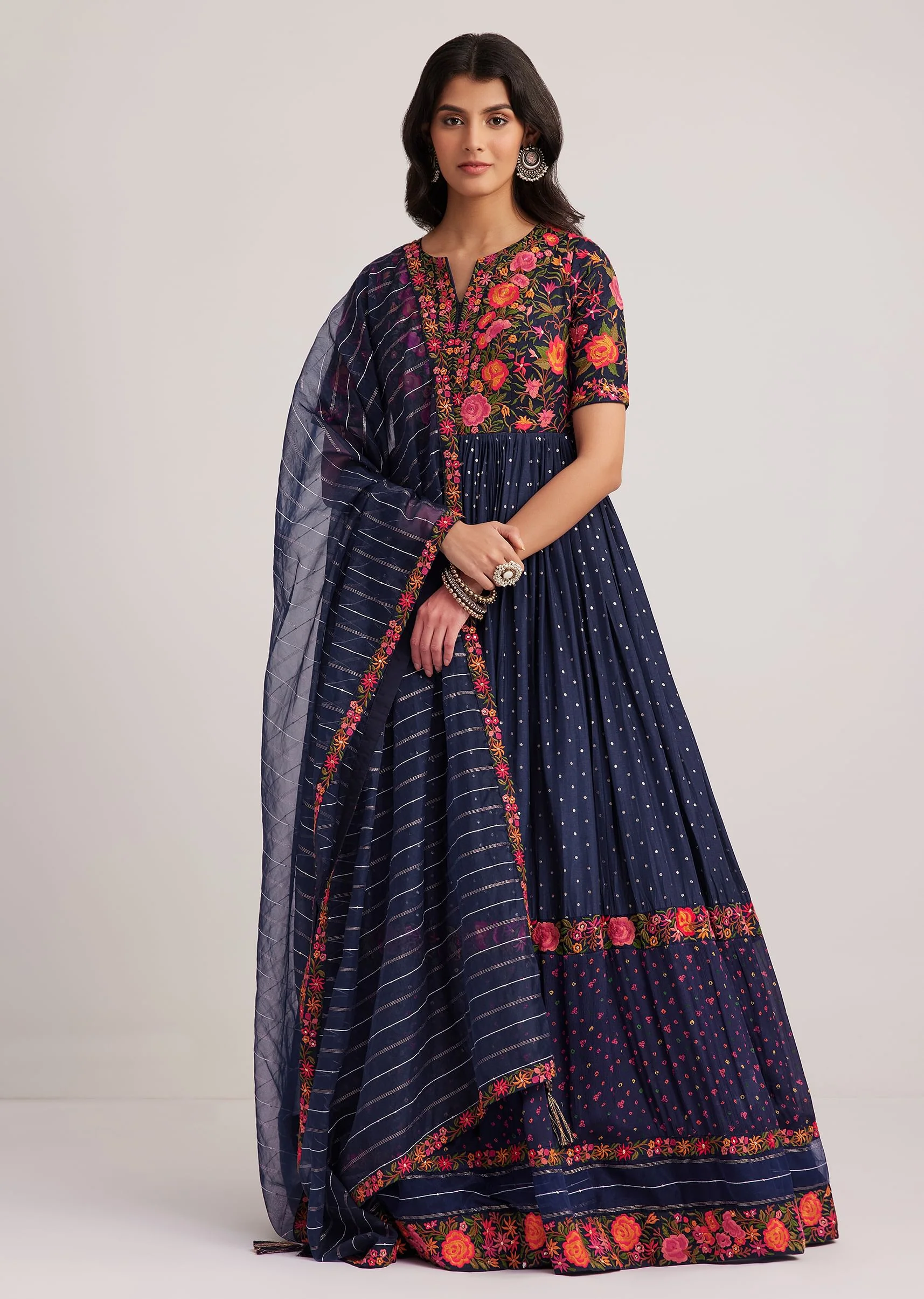 Navy Blue Silk Bandhani Anarkali With Organza Dupatta - Image 3