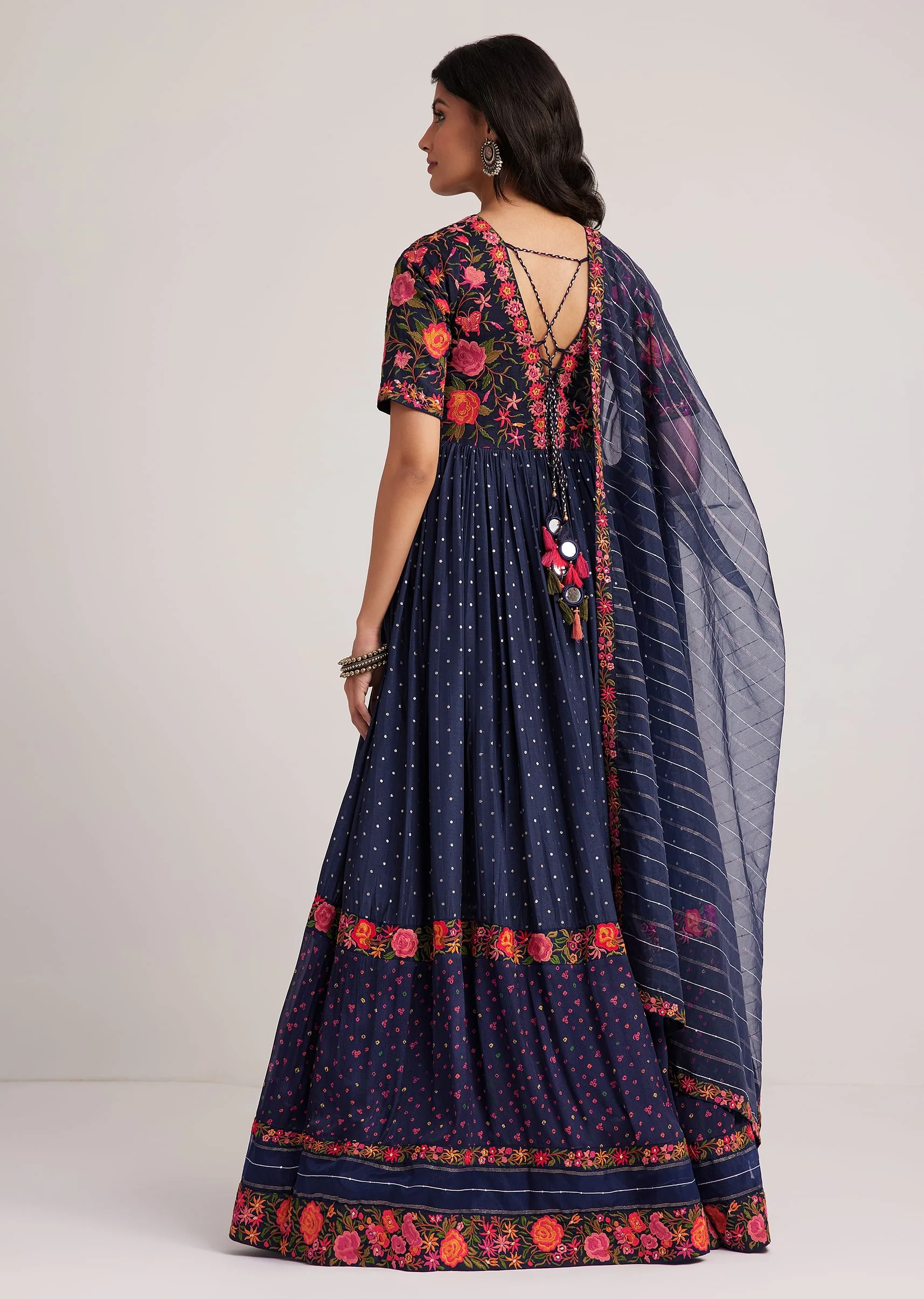 Navy Blue Silk Bandhani Anarkali With Organza Dupatta - Image 5