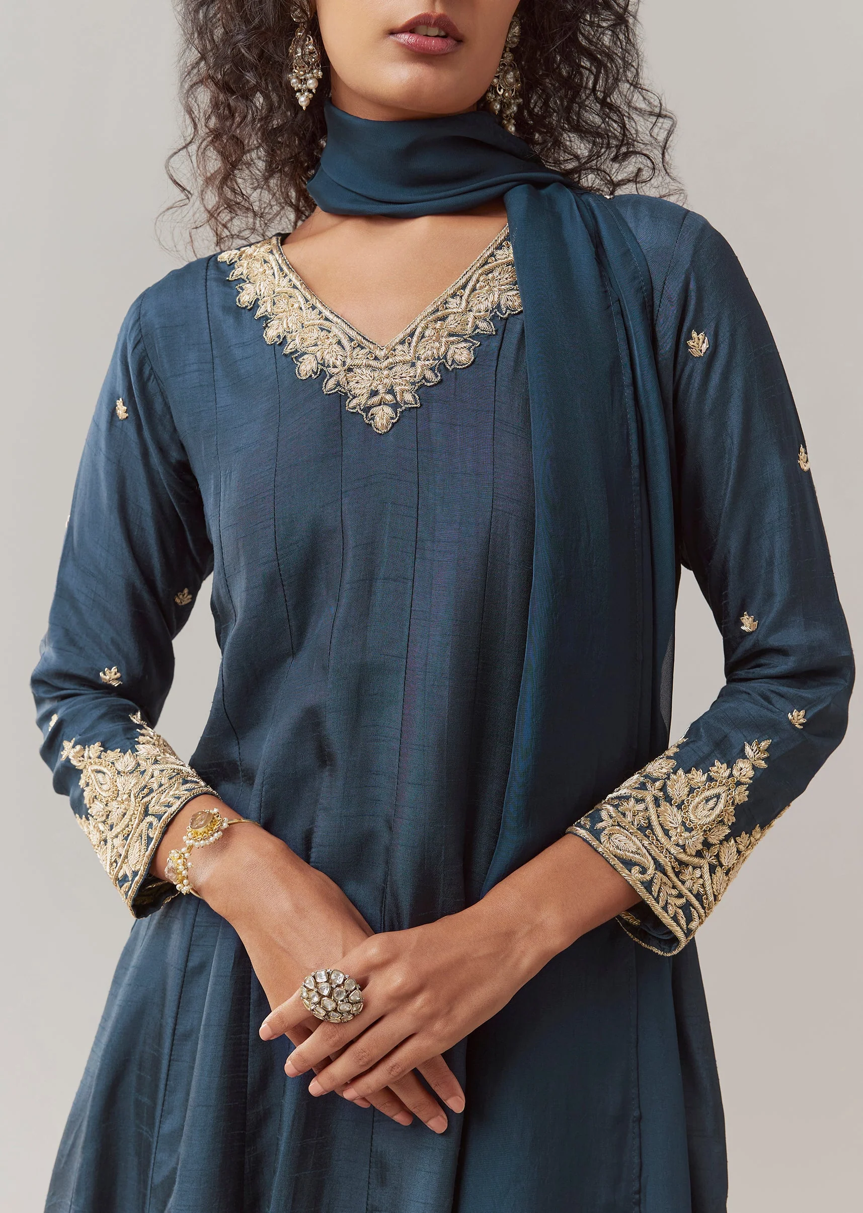 Navy Blue Silk Embellished Anarkali Set - Image 3
