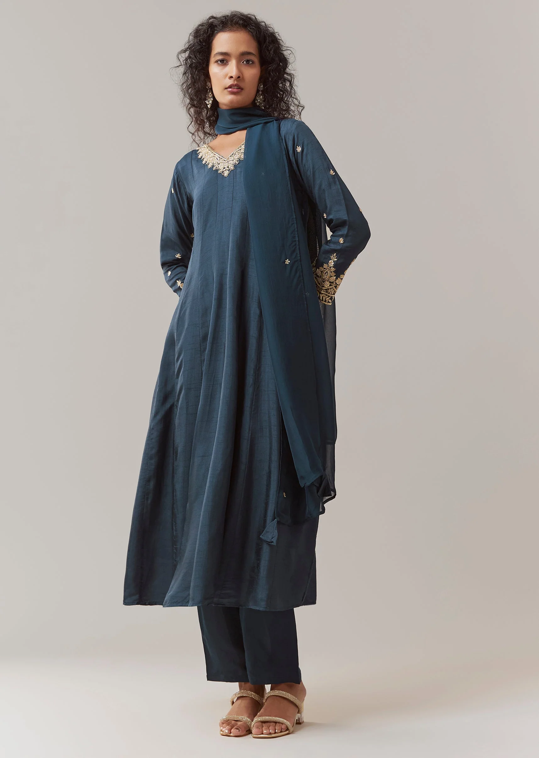 Navy Blue Silk Embellished Anarkali Set - Image 4