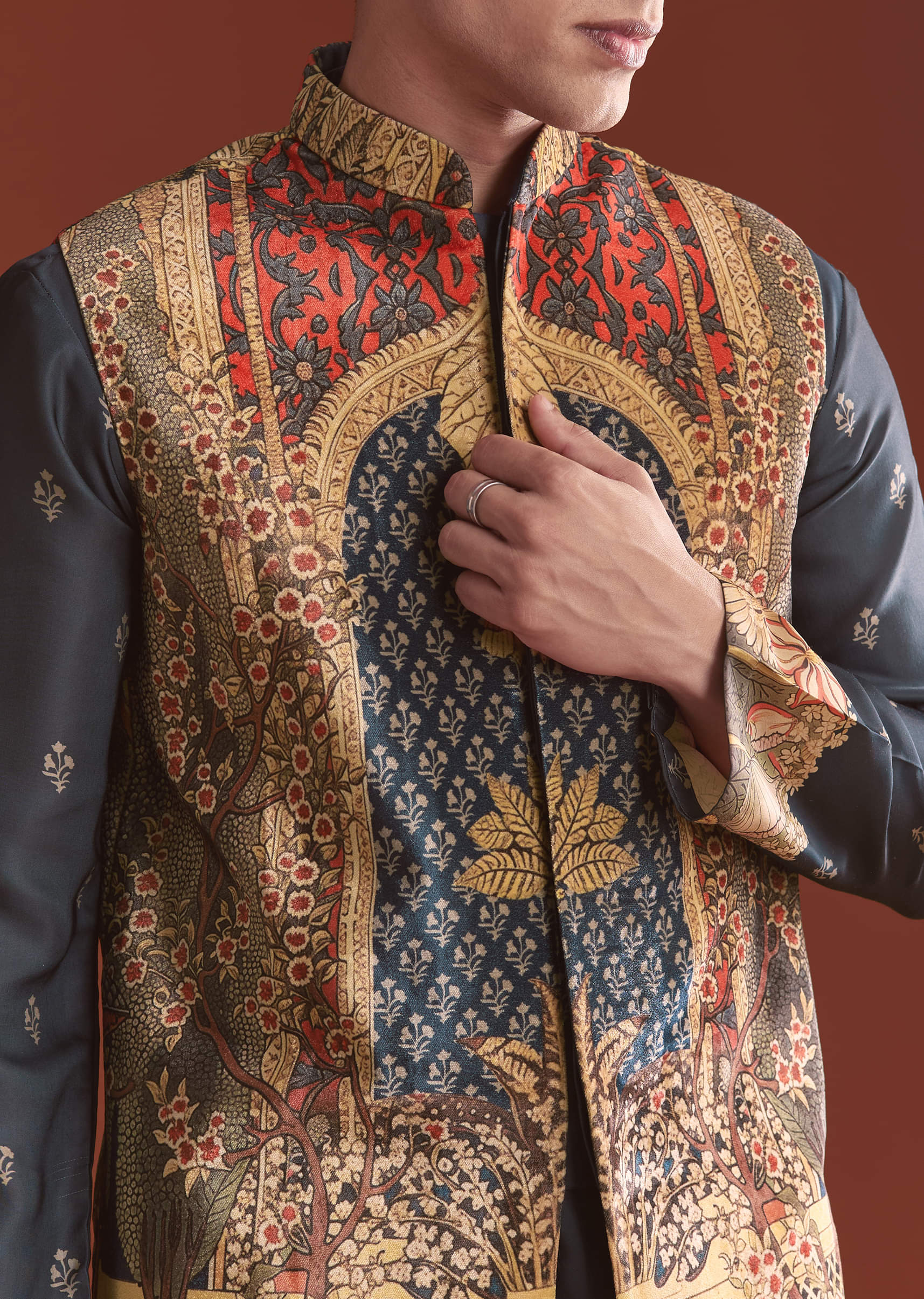 Navy Blue Silk Kurta Jacket Set For Men With Ethnic Print - Image 2
