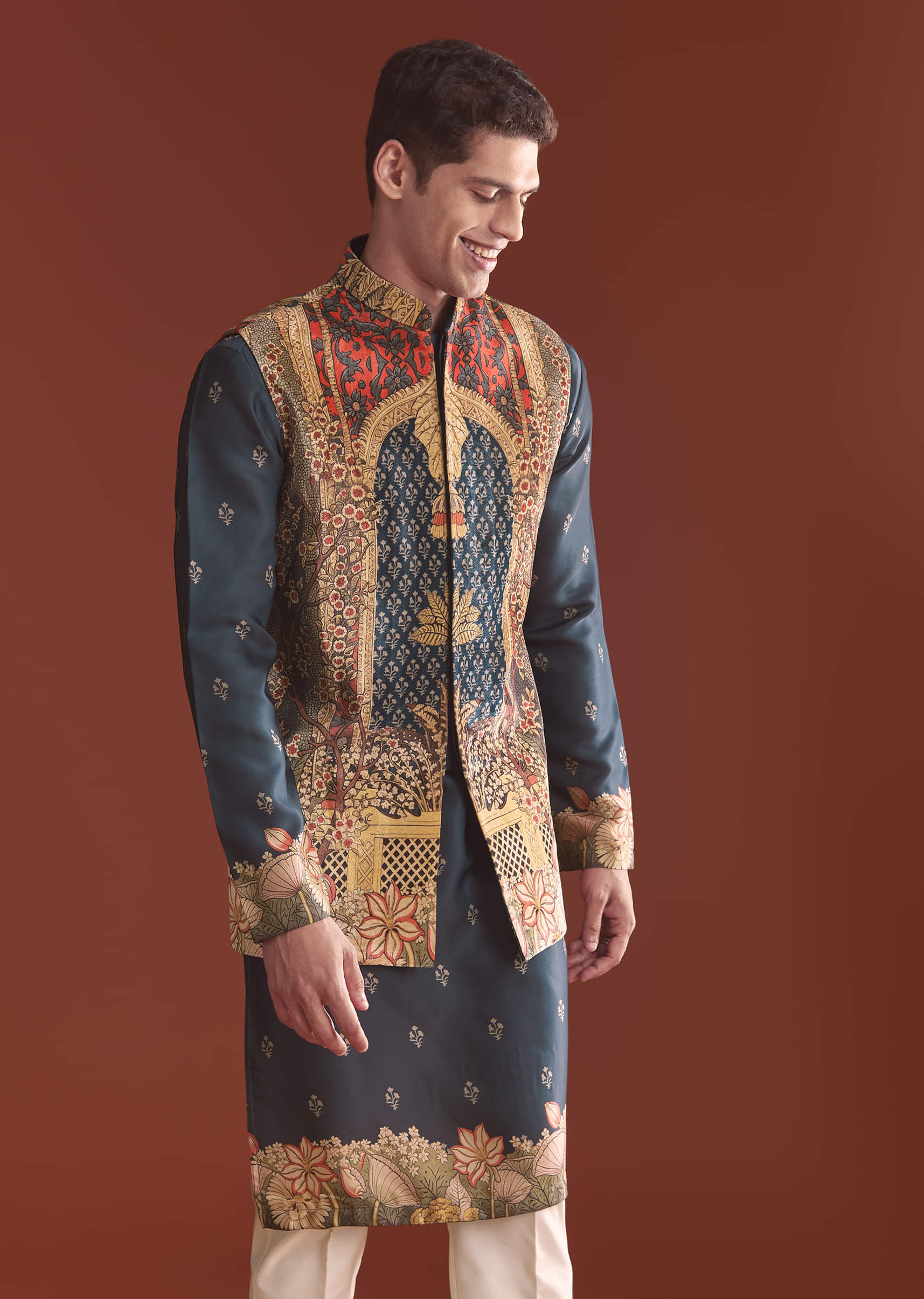 Navy Blue Silk Kurta Jacket Set For Men With Ethnic Print - Image 4