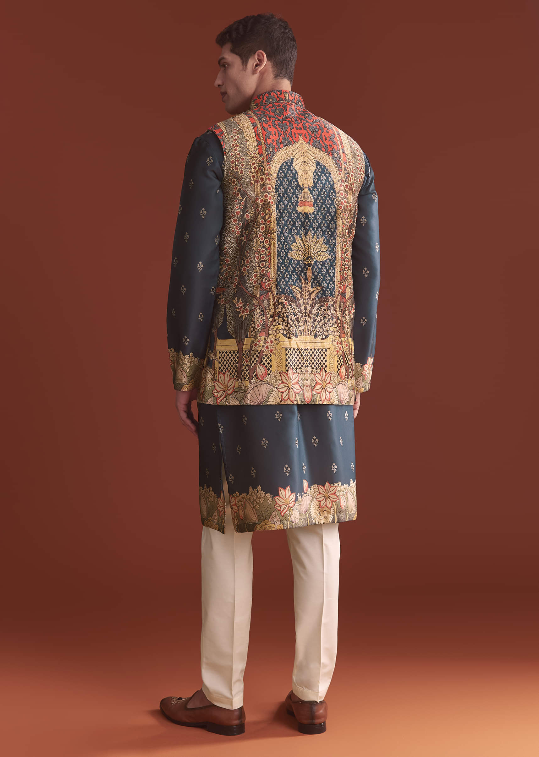 Navy Blue Silk Kurta Jacket Set For Men With Ethnic Print - Image 5