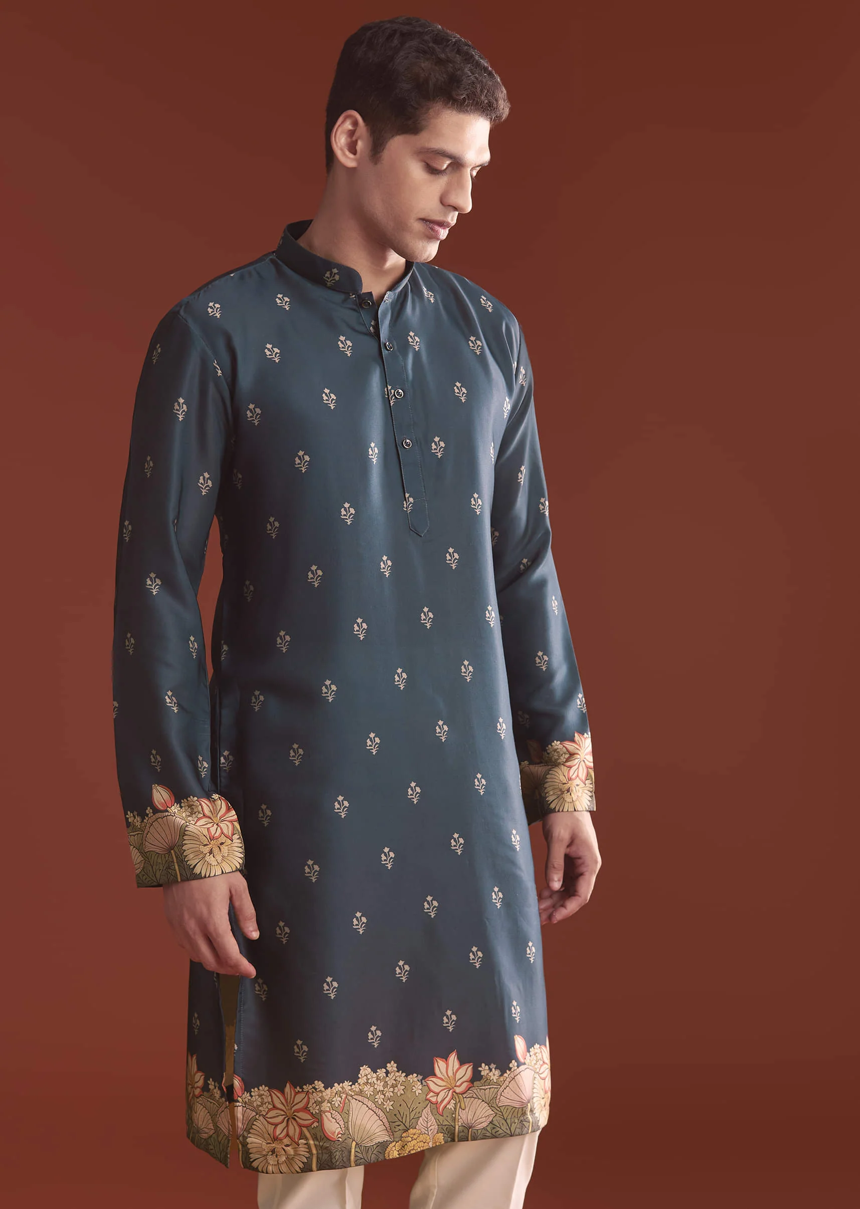 Navy Blue Silk Kurta Jacket Set For Men With Ethnic Print - Image 6