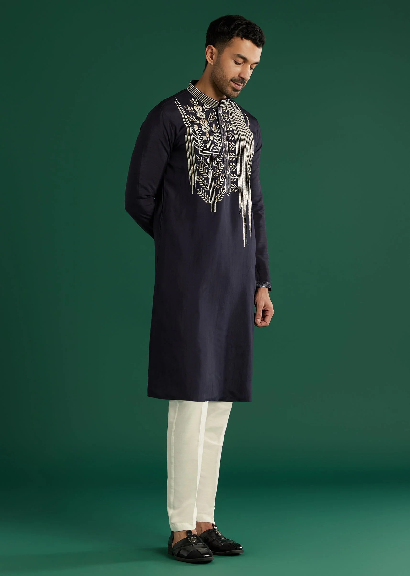 Navy Blue Silk Kurta Set For Men With Gota Work - Image 3