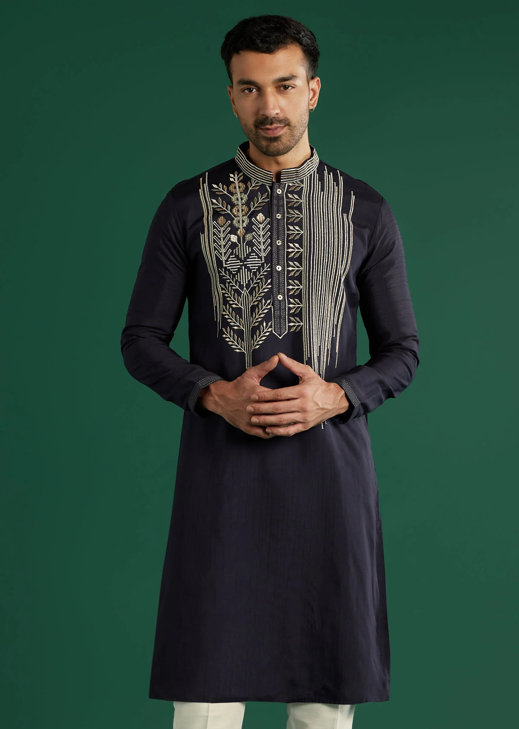 Navy Blue Silk Kurta Set For Men With Gota Work - Image 4