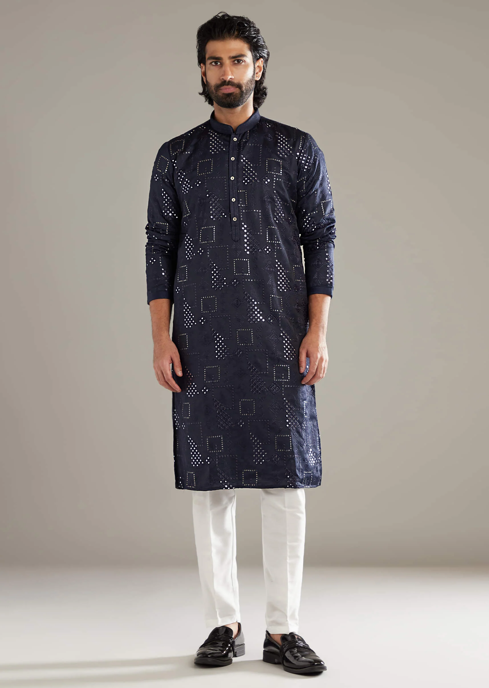 Navy Blue Silk Kurta Set For Men With Mirror And Resham Work
