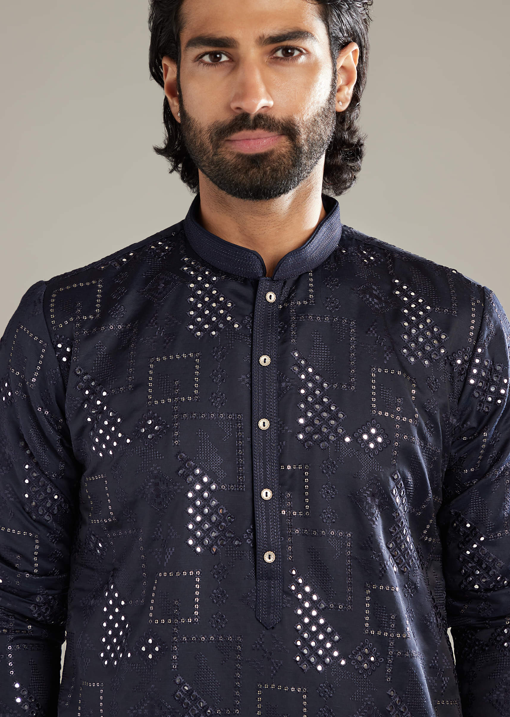 Navy Blue Silk Kurta Set For Men With Mirror And Resham Work - Image 2