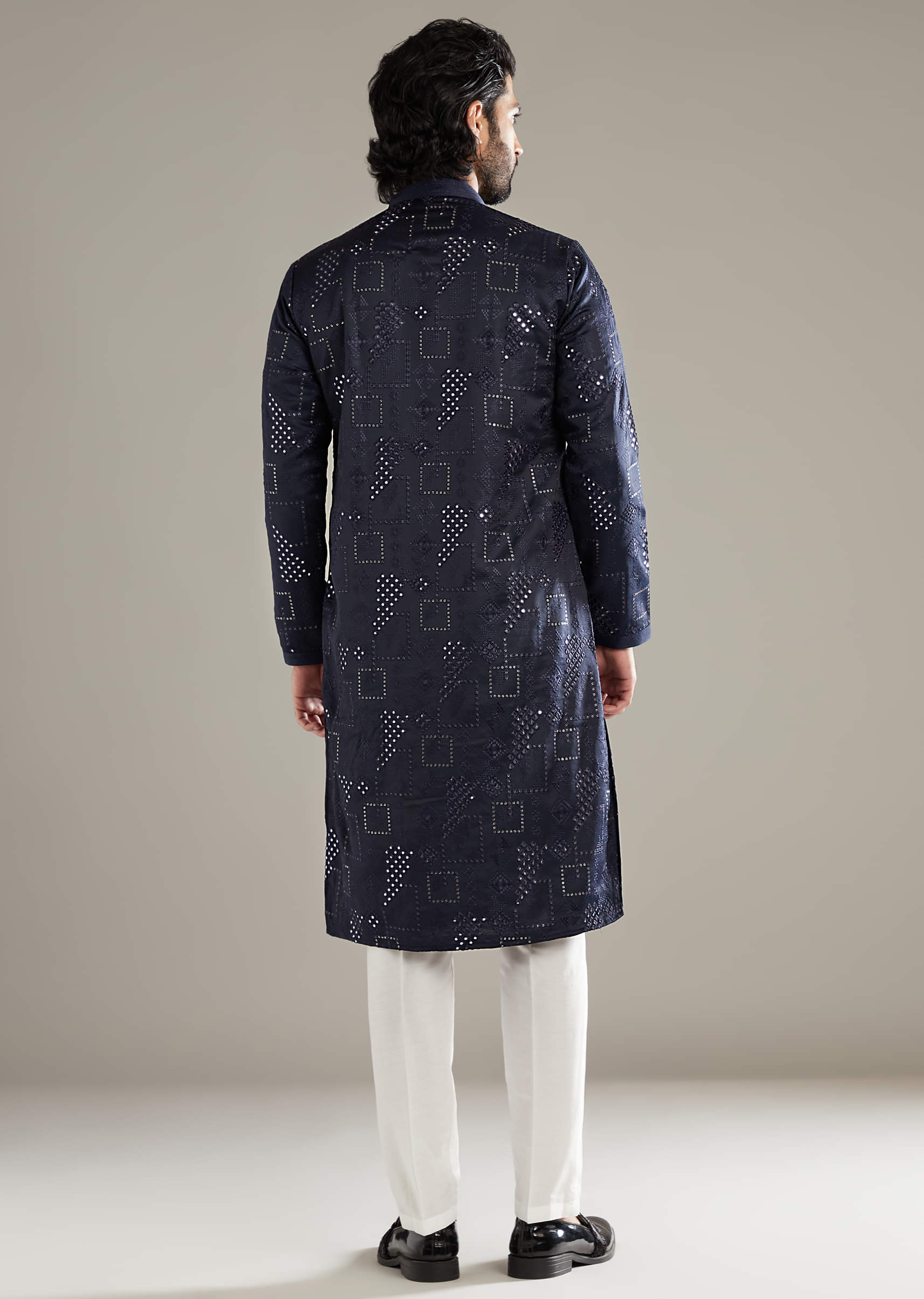 Navy Blue Silk Kurta Set For Men With Mirror And Resham Work - Image 3