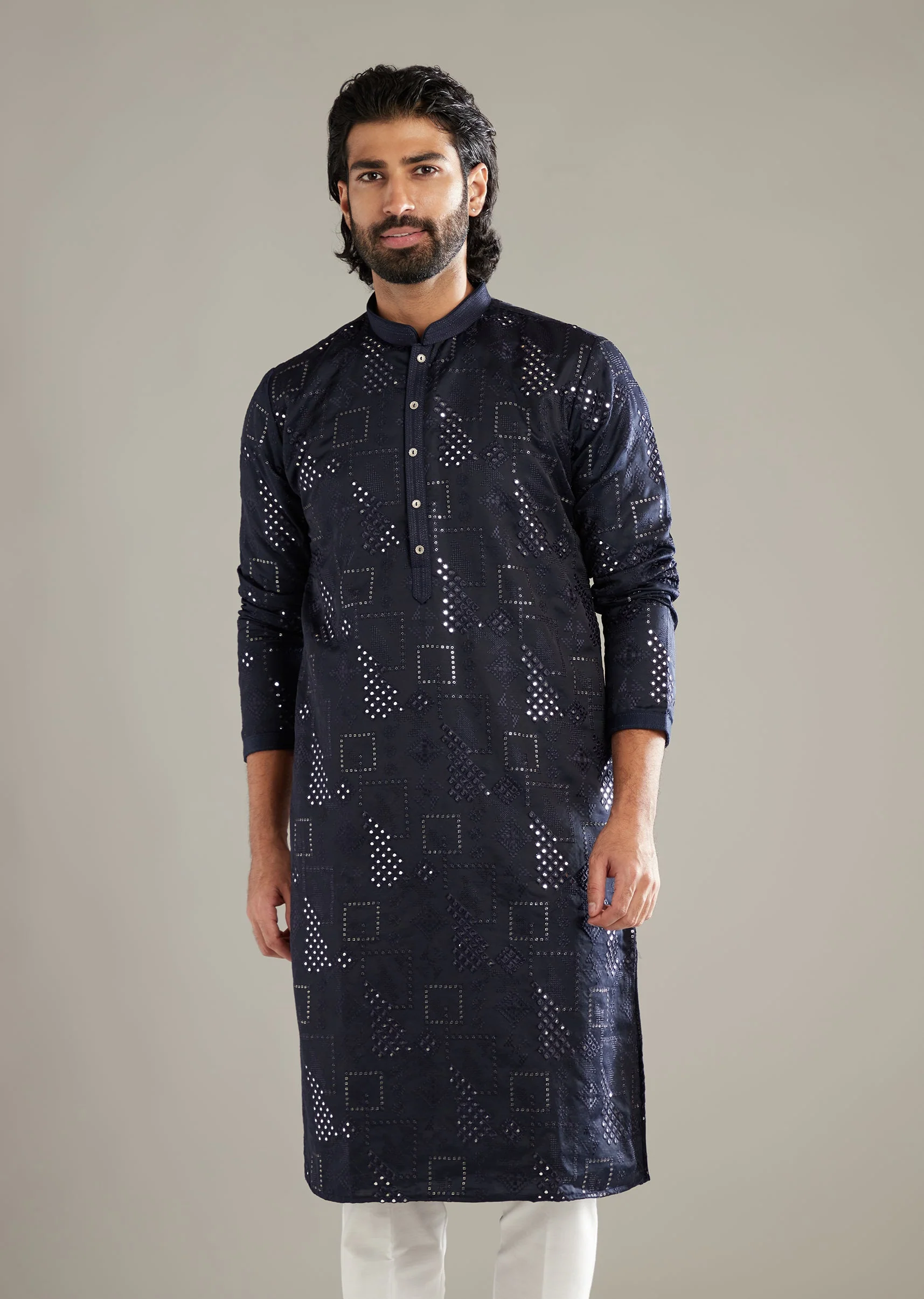 Navy Blue Silk Kurta Set For Men With Mirror And Resham Work - Image 4