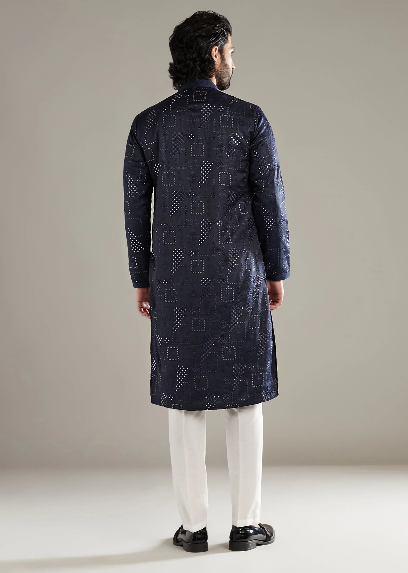Navy Blue Silk Kurta Set For Men With Mirror And Resham Work - Image 5