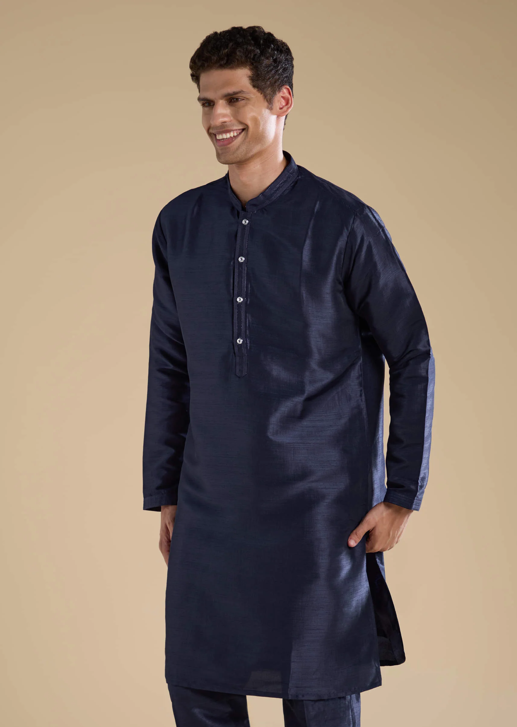 Navy Blue Silk Mirror Embroidered Mens Jacket Kurta and Pant Set - Image 6