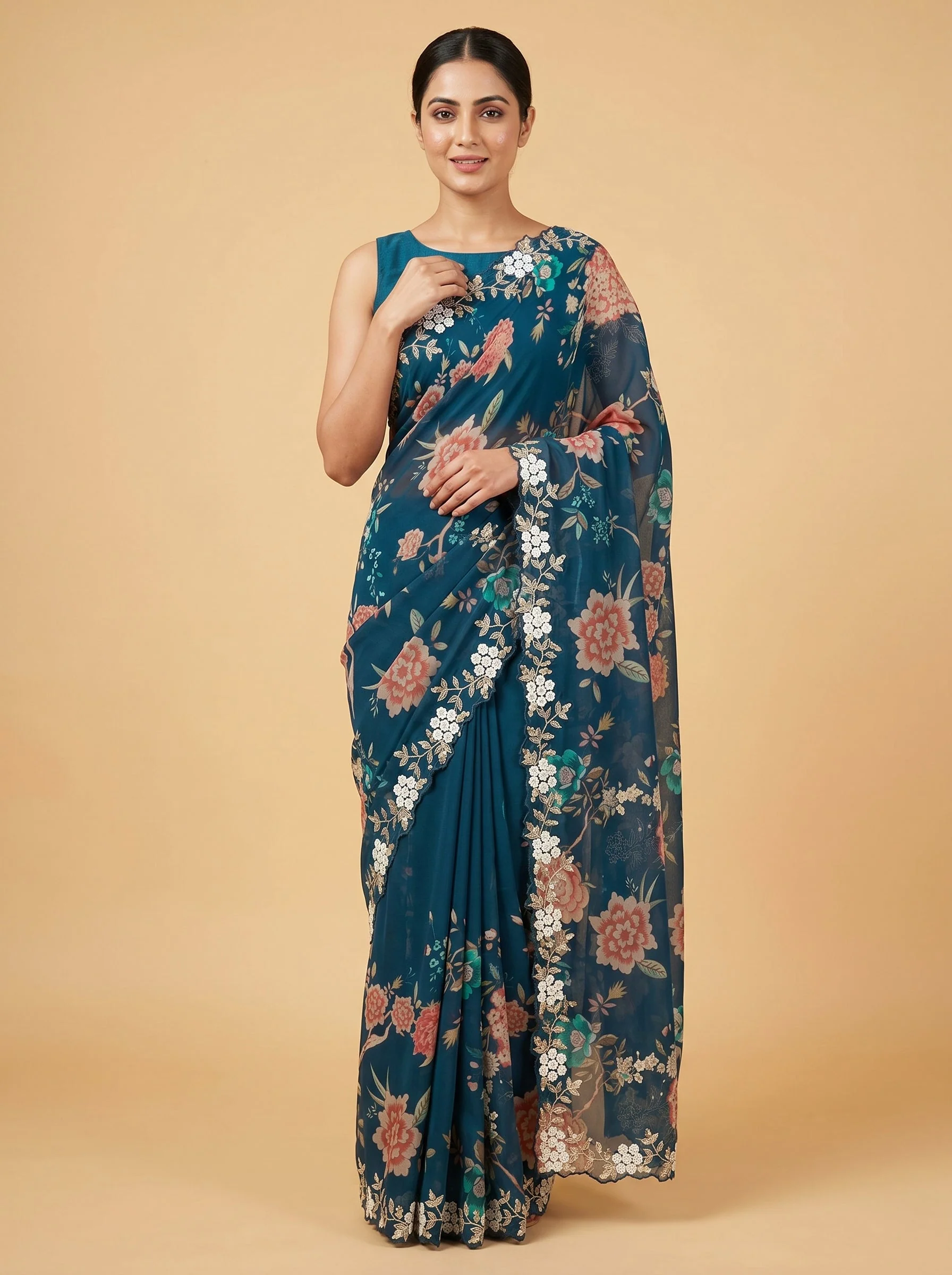 Navy Blue Strong Embroidered Saree