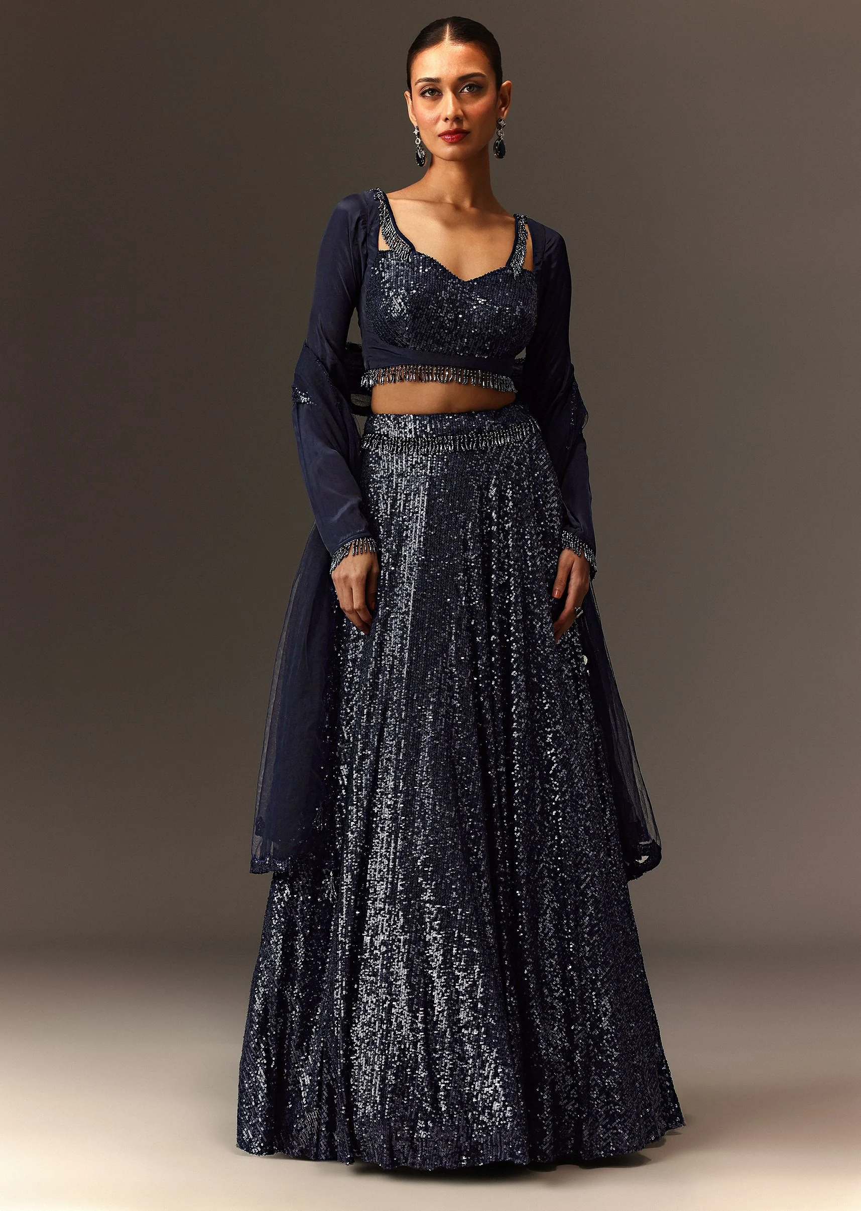 Navy Blue Tie Up Blouse And Embroidered Lehenga With Detailed Border Dupatta - Image 3