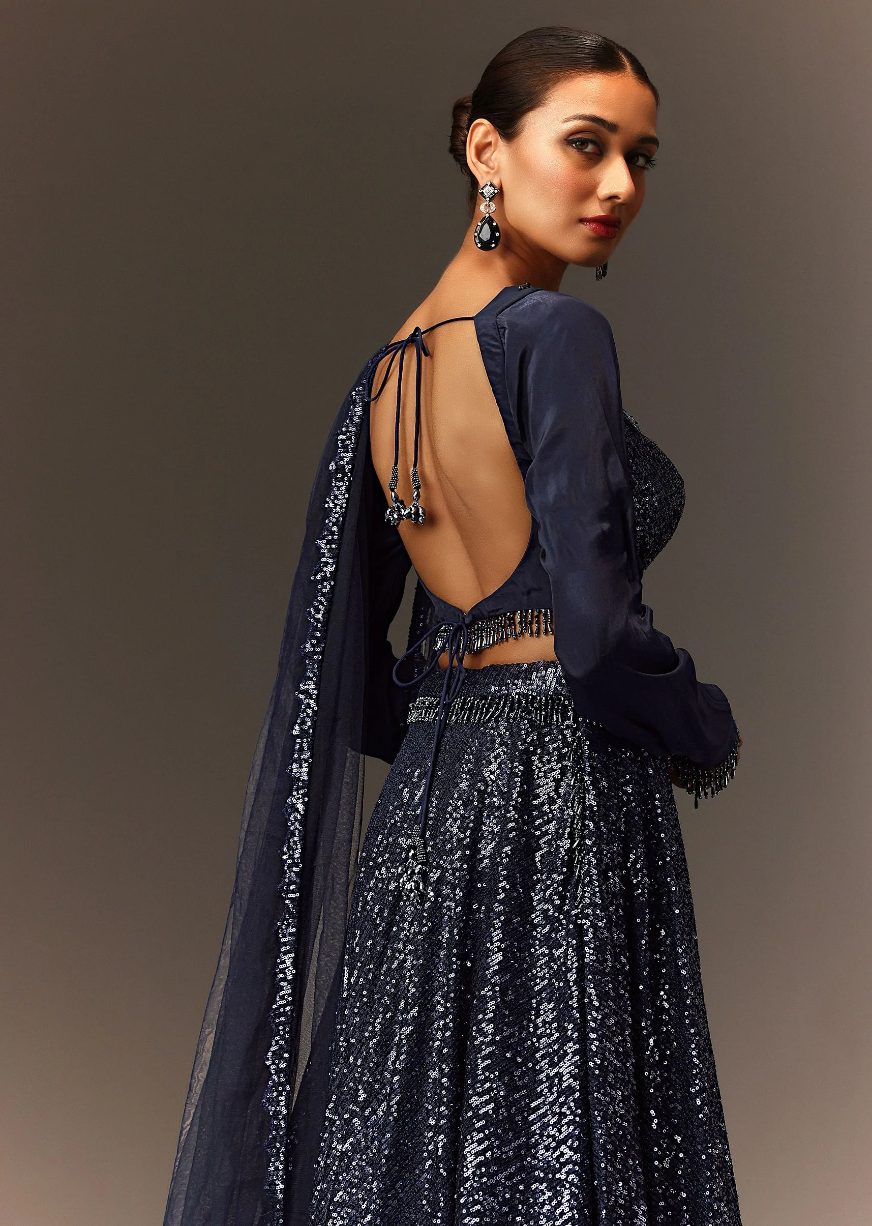 Navy Blue Tie Up Blouse And Embroidered Lehenga With Detailed Border Dupatta - Image 4