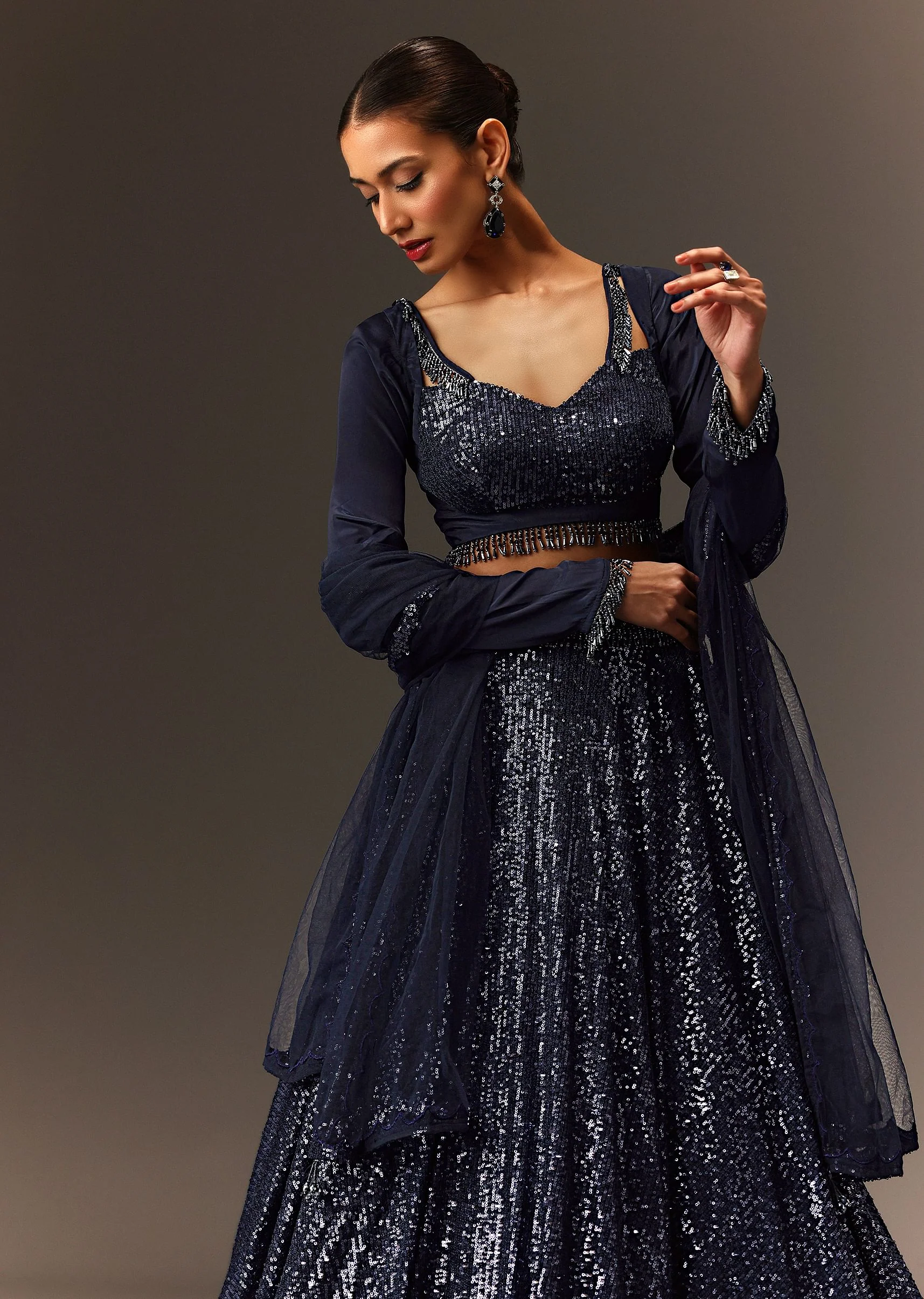 Navy Blue Tie Up Blouse And Embroidered Lehenga With Detailed Border Dupatta - Image 5