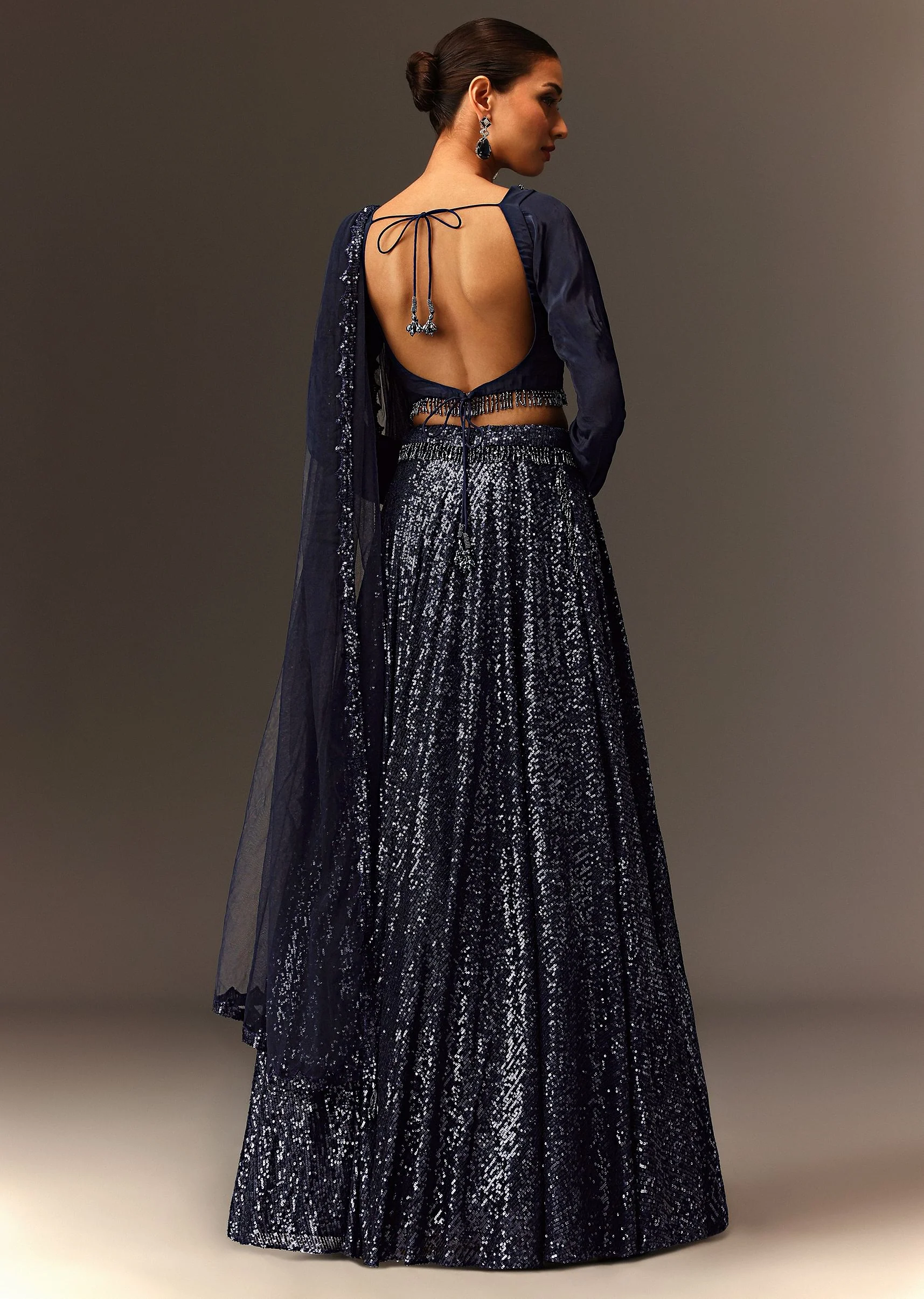 Navy Blue Tie Up Blouse And Embroidered Lehenga With Detailed Border Dupatta - Image 6